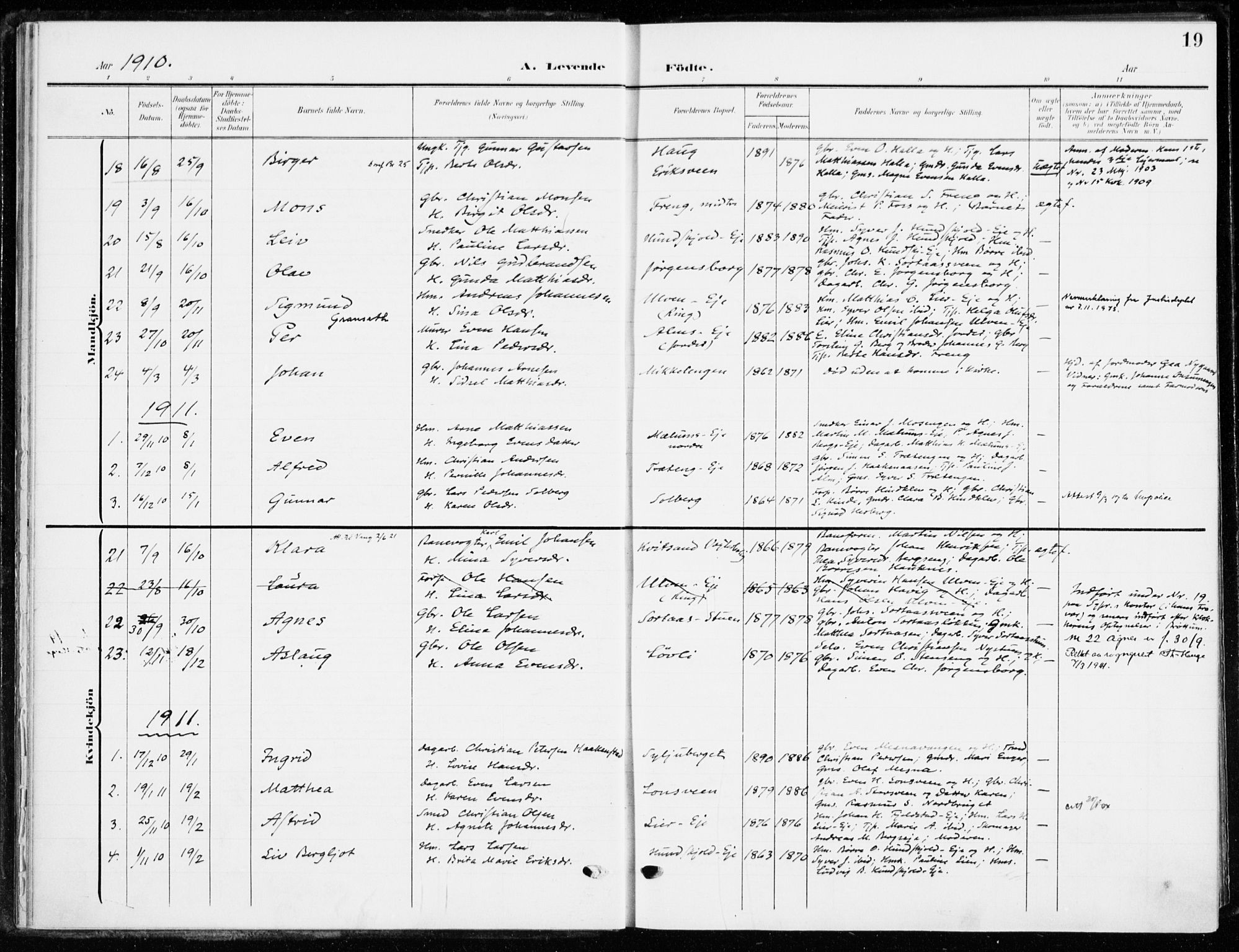 Ringsaker prestekontor, SAH/PREST-014/K/Ka/L0021: Parish register (official) no. 21, 1905-1920, p. 19