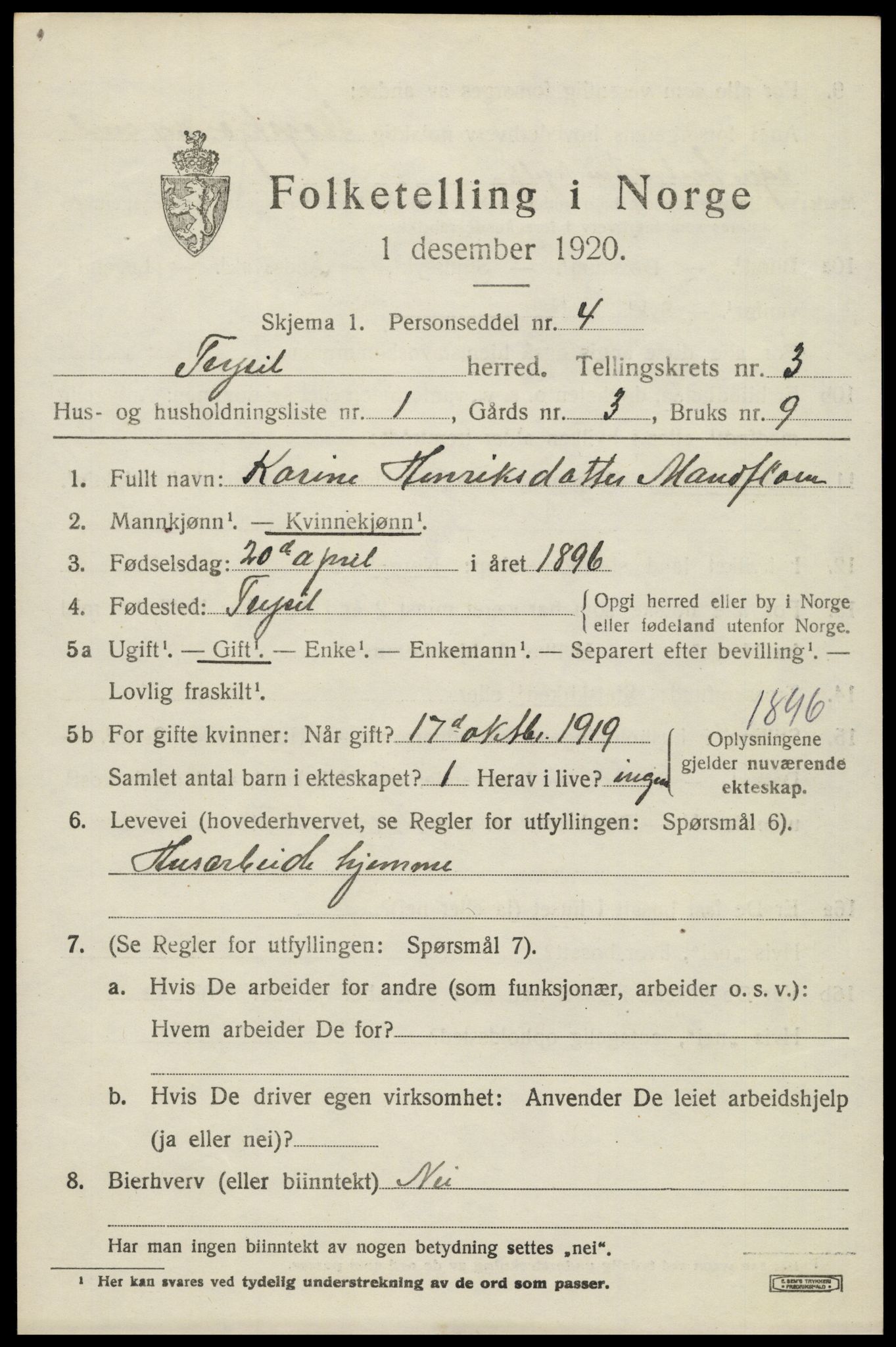 SAH, 1920 census for Trysil, 1920, p. 3483