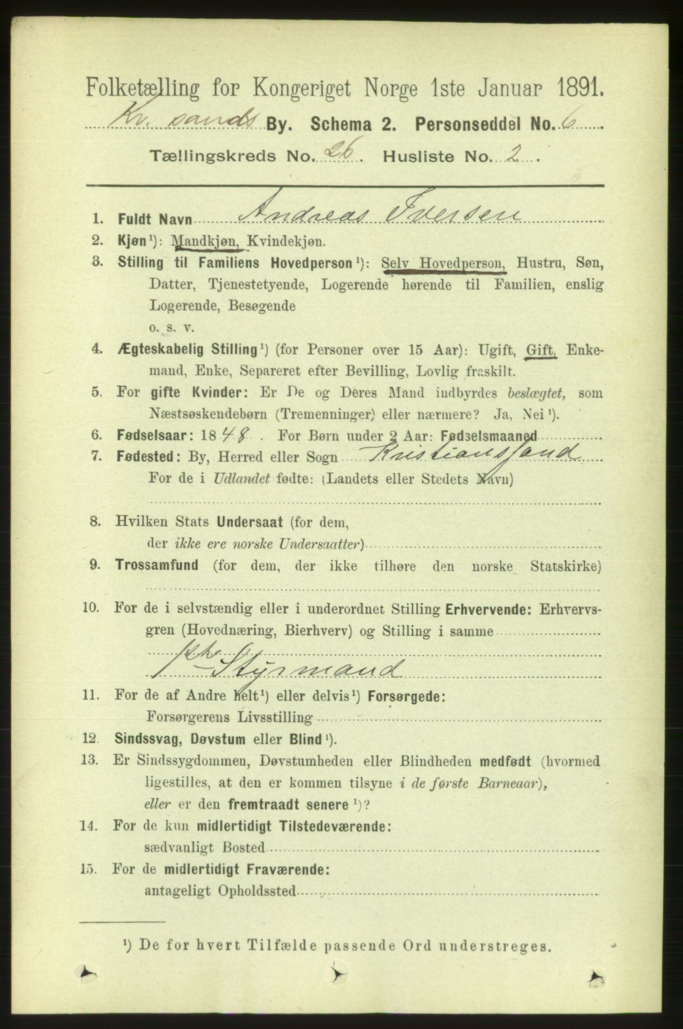 RA, 1891 census for 1001 Kristiansand, 1891, p. 8895