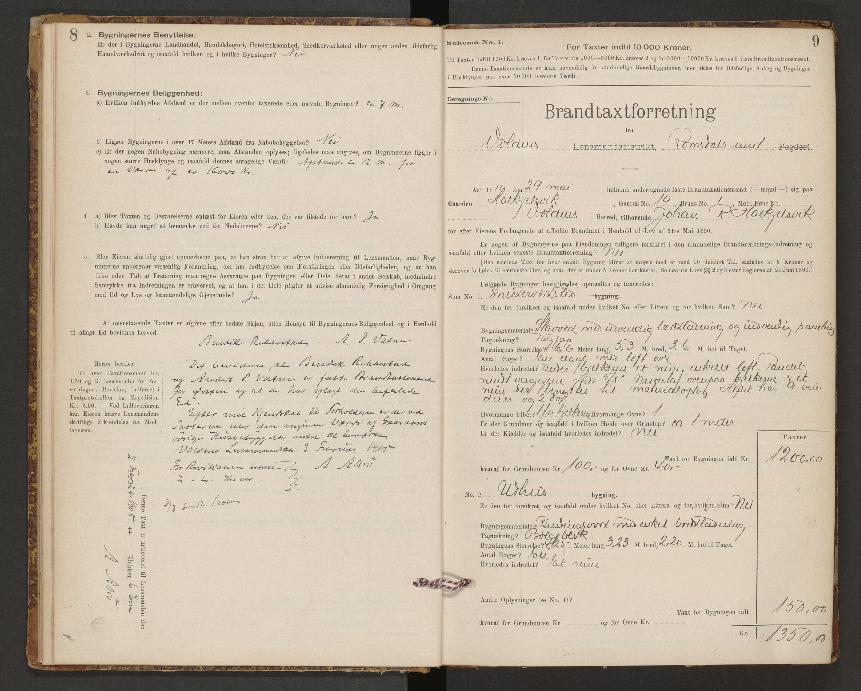 Norges Brannkasse Volda, AV/SAT-A-5488/F/Fb/L0001: Branntakstprotokoll, 1905-1944, p. 8-9