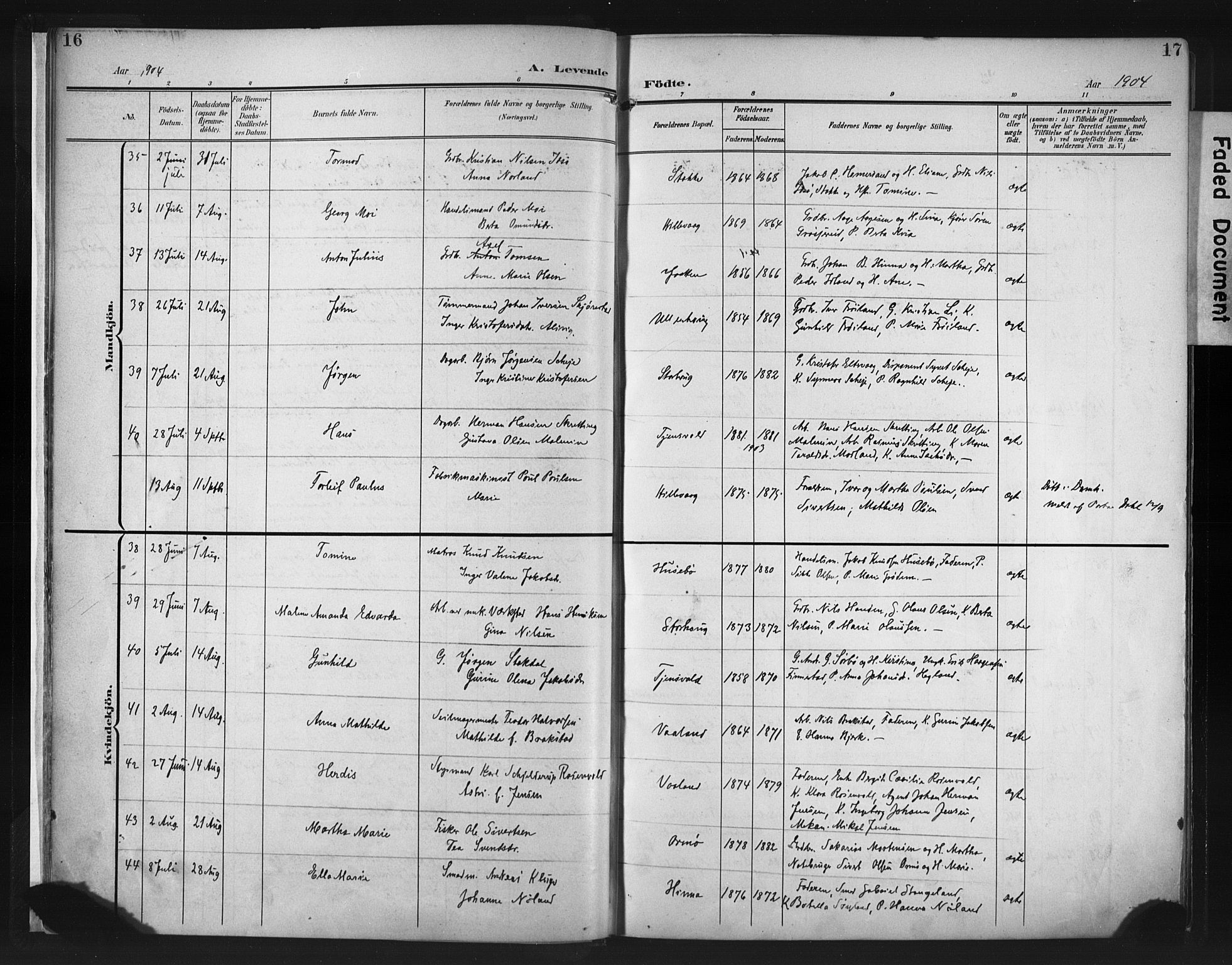 Hetland sokneprestkontor, AV/SAST-A-101826/30/30BA/L0013: Parish register (official) no. A 13, 1904-1918, p. 16-17