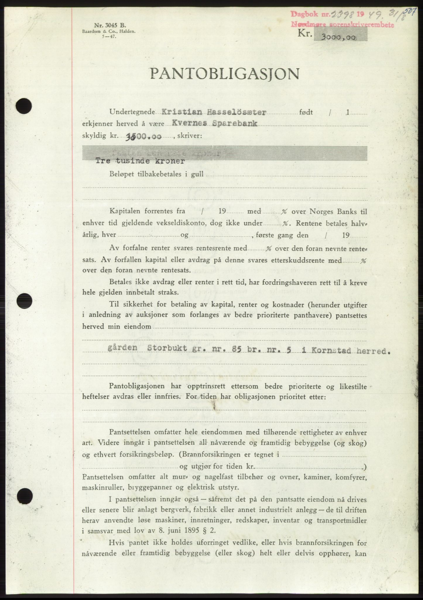 Nordmøre sorenskriveri, AV/SAT-A-4132/1/2/2Ca: Mortgage book no. B102, 1949-1949, Diary no: : 2398/1949