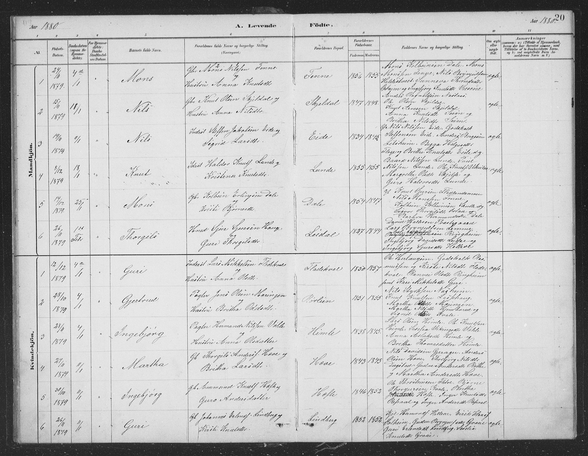 Voss sokneprestembete, AV/SAB-A-79001/H/Hab: Parish register (copy) no. B 3, 1879-1894, p. 20