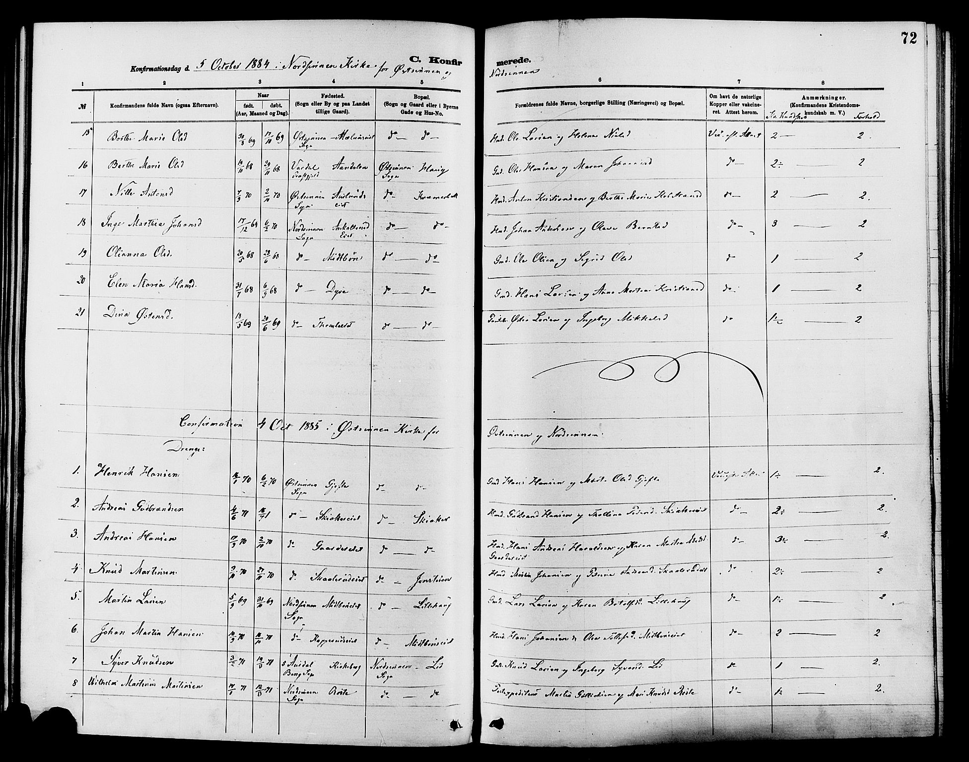 Nordre Land prestekontor, SAH/PREST-124/H/Ha/Haa/L0003: Parish register (official) no. 3, 1882-1896, p. 72