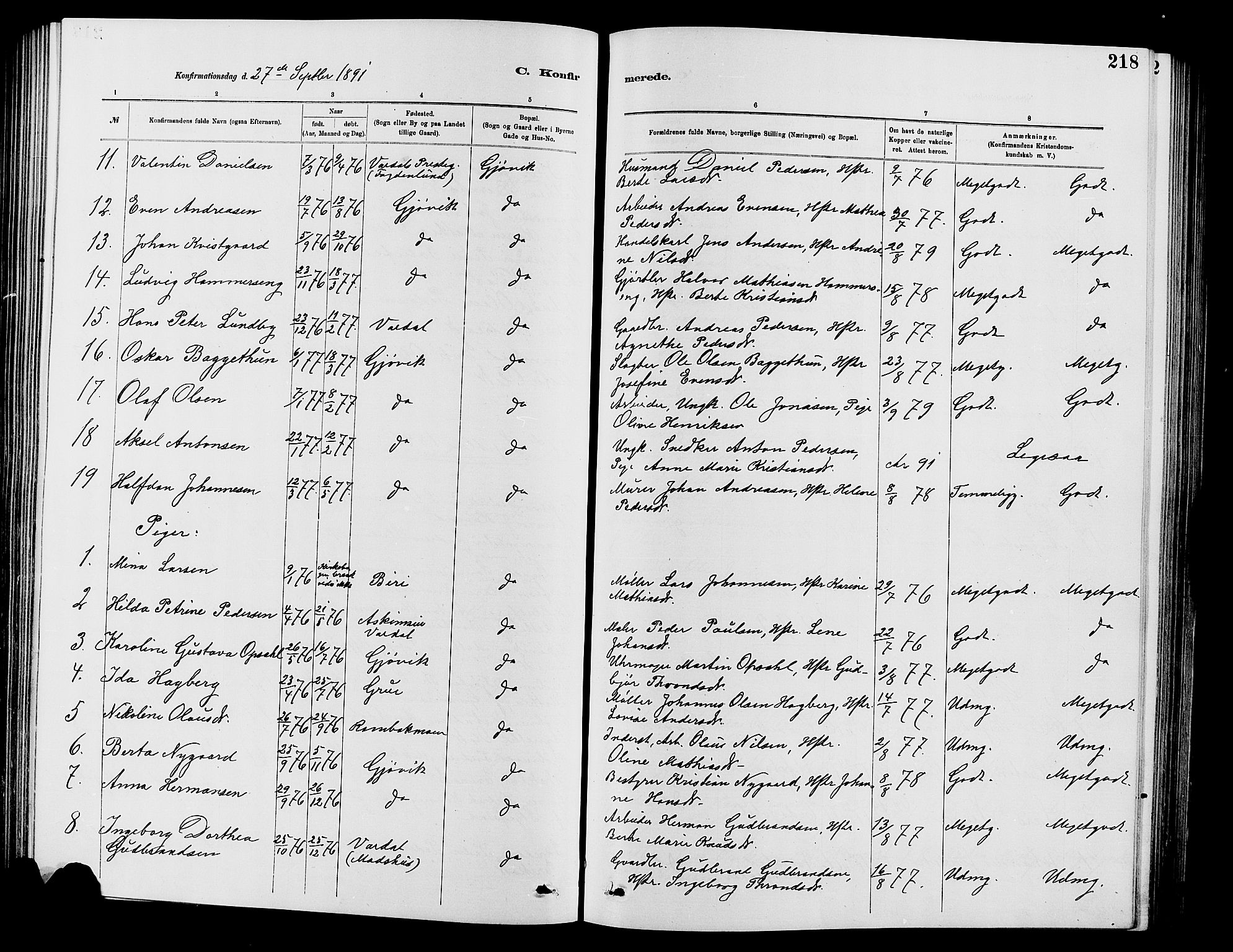 Vardal prestekontor, SAH/PREST-100/H/Ha/Hab/L0007: Parish register (copy) no. 7 /2, 1881-1895, p. 218