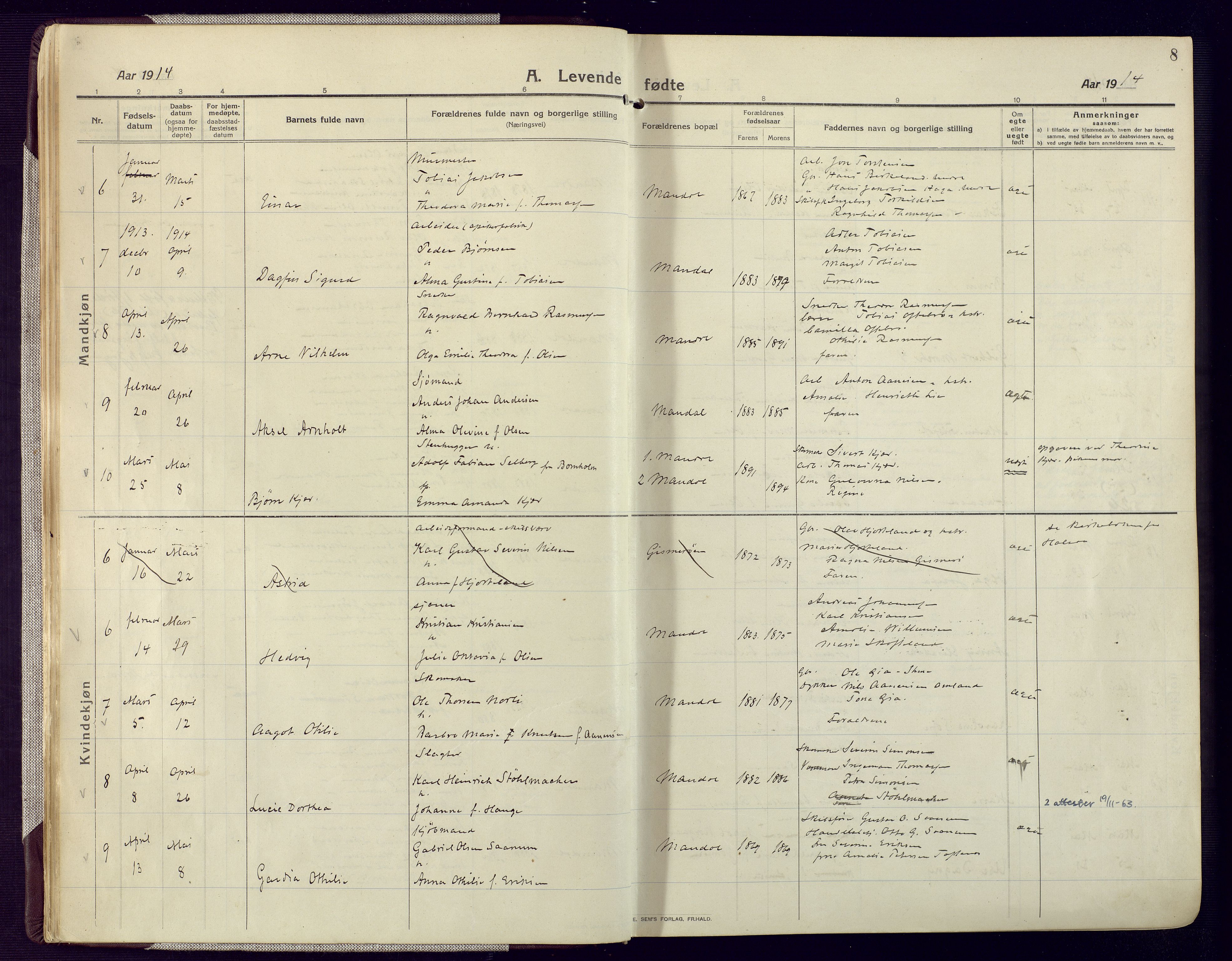 Mandal sokneprestkontor, AV/SAK-1111-0030/F/Fa/Fac/L0001: Parish register (official) no. A 1, 1913-1925, p. 8