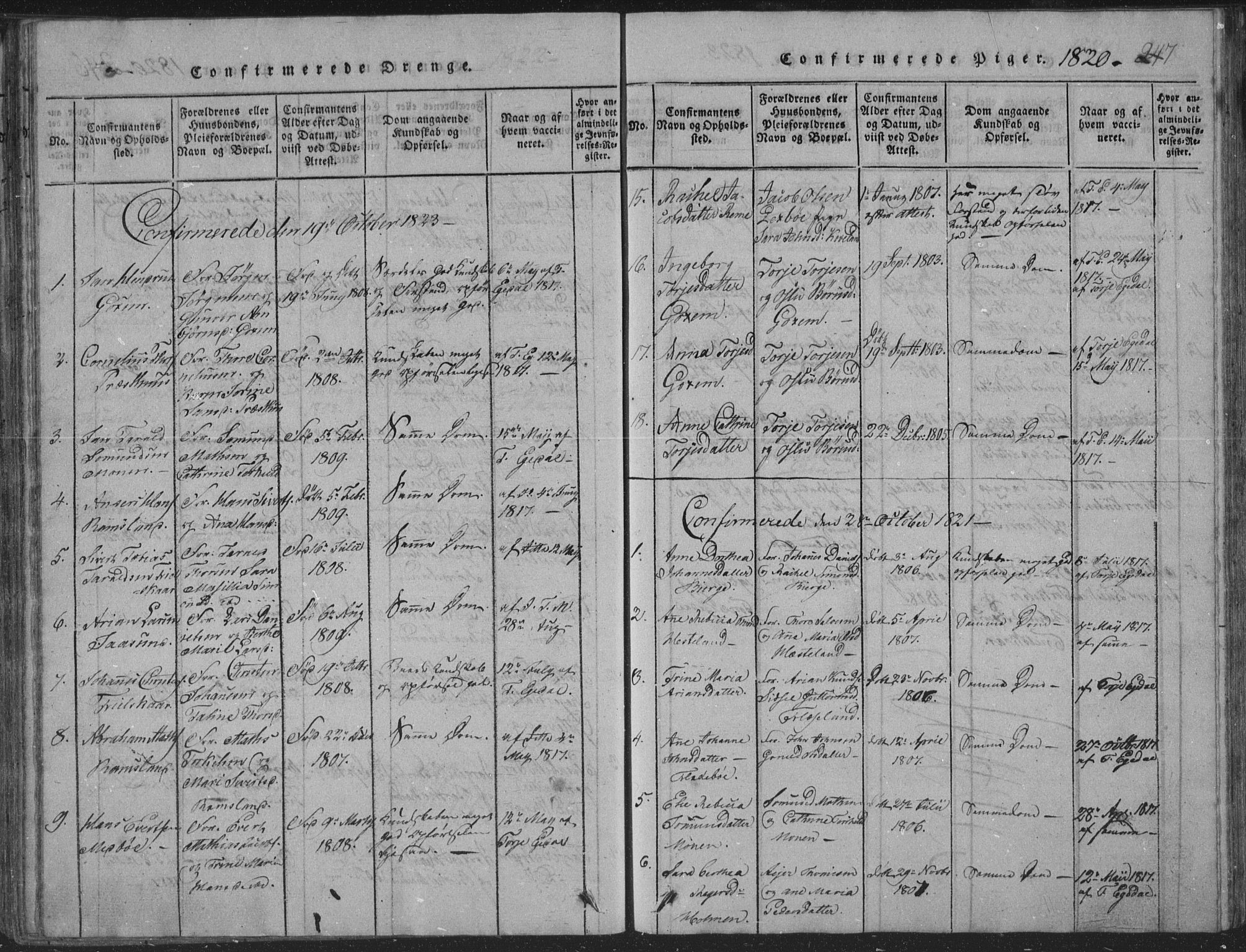 Sør-Audnedal sokneprestkontor, SAK/1111-0039/F/Fb/Fba/L0001: Parish register (copy) no. B 1, 1815-1850, p. 247