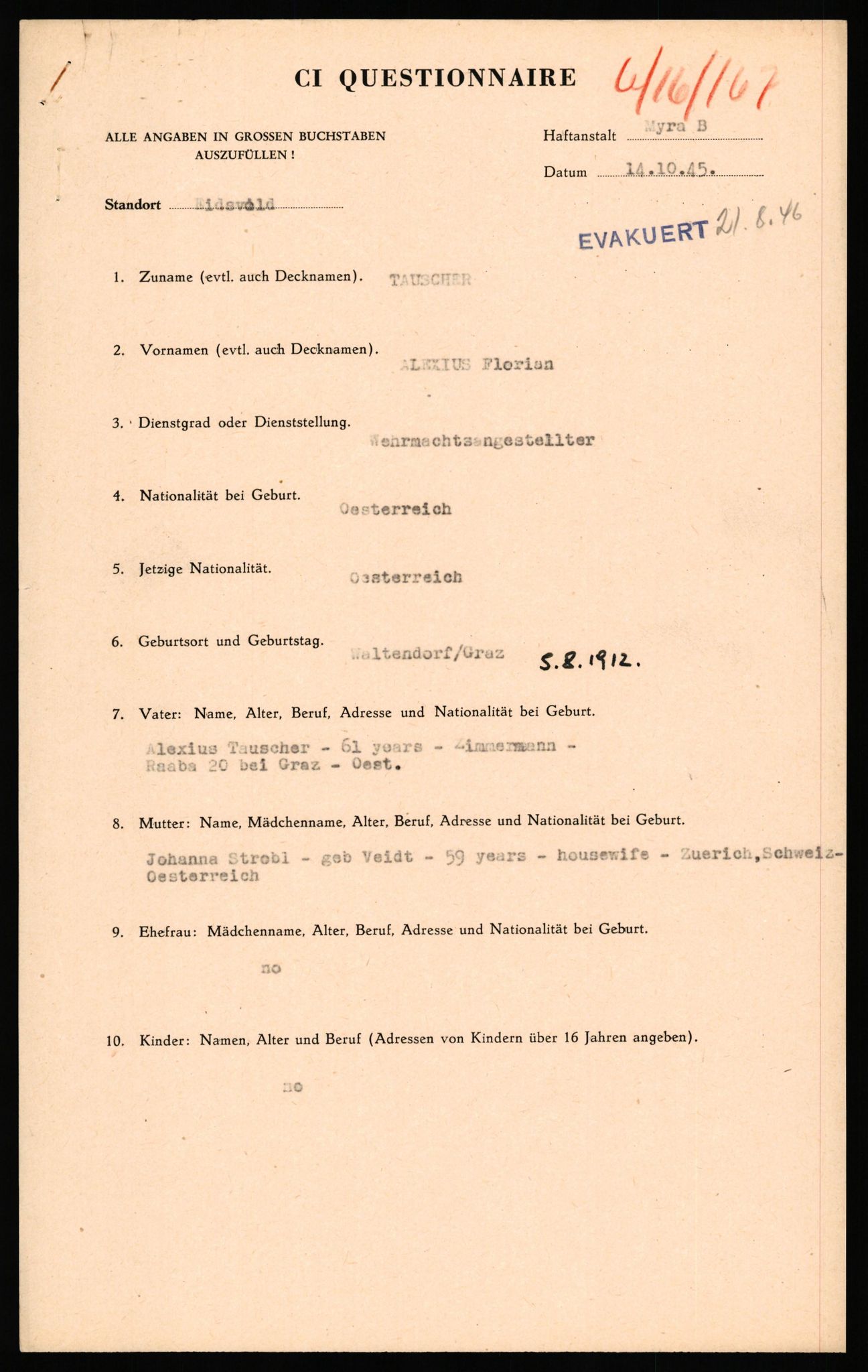 Forsvaret, Forsvarets overkommando II, AV/RA-RAFA-3915/D/Db/L0040: CI Questionaires. Tyske okkupasjonsstyrker i Norge. Østerrikere., 1945-1946, p. 279