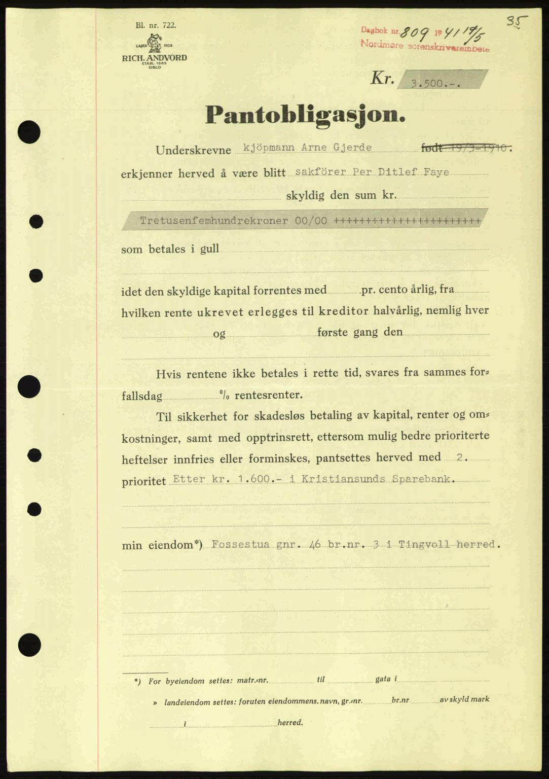 Nordmøre sorenskriveri, AV/SAT-A-4132/1/2/2Ca: Mortgage book no. B88, 1941-1942, Diary no: : 809/1941