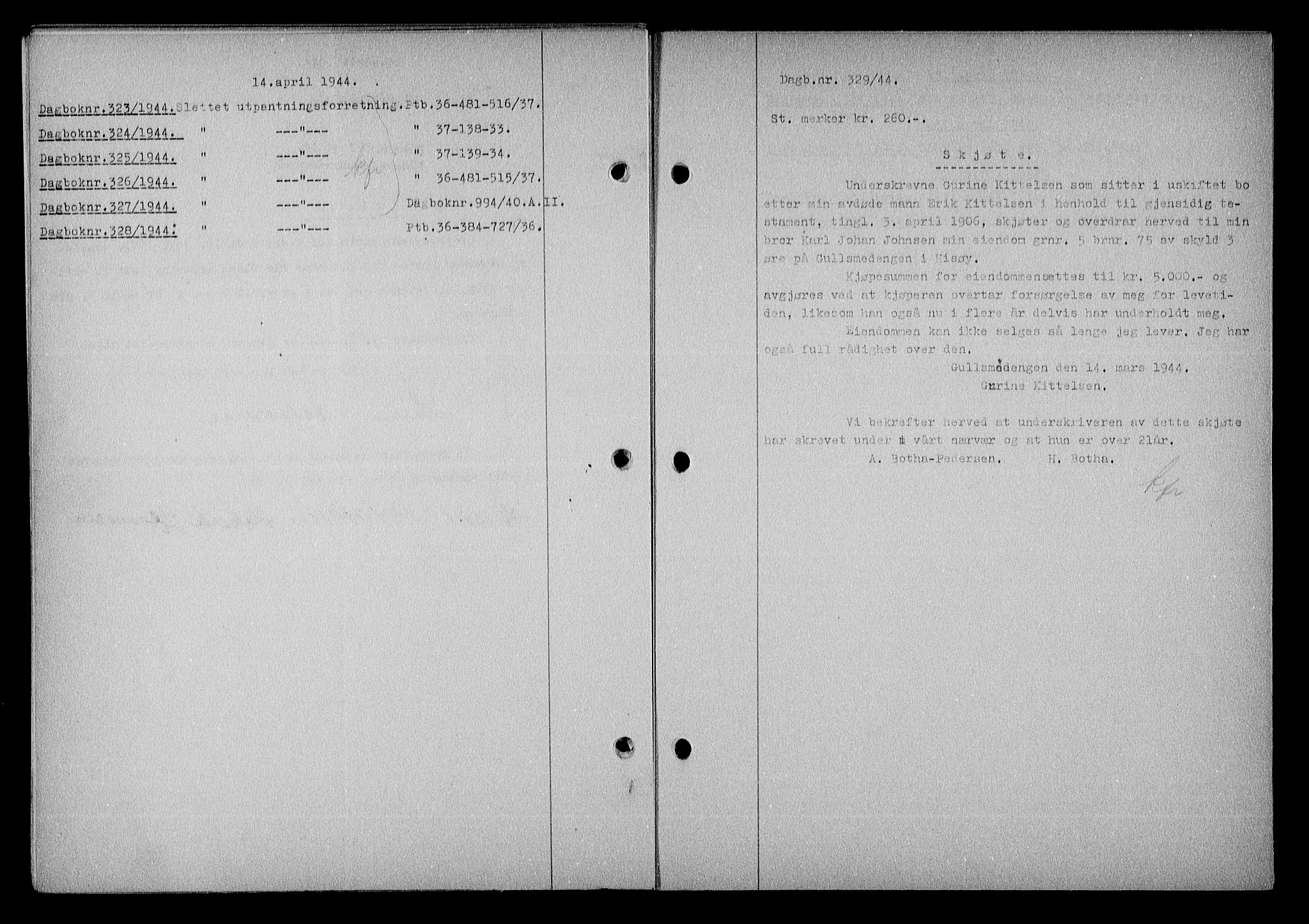 Nedenes sorenskriveri, SAK/1221-0006/G/Gb/Gba/L0051: Mortgage book no. A-V, 1943-1944, Diary no: : 329/1944