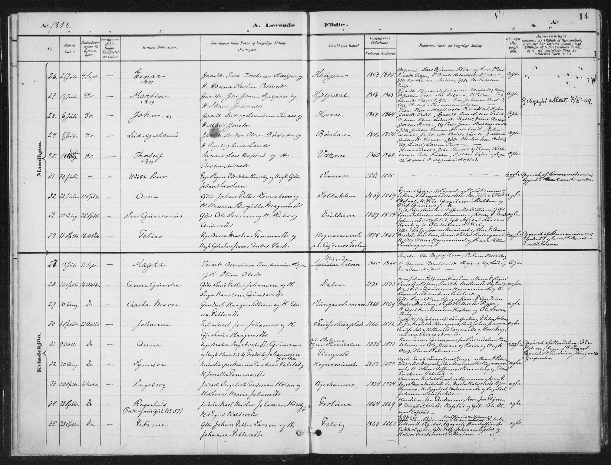 Ministerialprotokoller, klokkerbøker og fødselsregistre - Nord-Trøndelag, SAT/A-1458/709/L0082: Parish register (official) no. 709A22, 1896-1916, p. 14