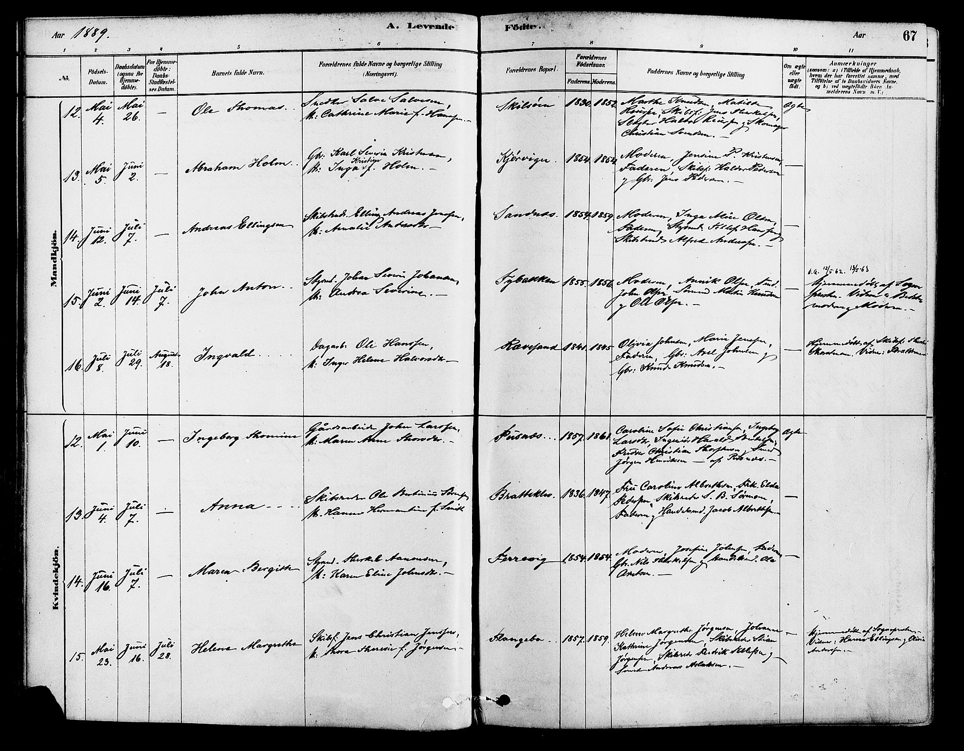 Tromøy sokneprestkontor, AV/SAK-1111-0041/F/Fa/L0009: Parish register (official) no. A 9, 1878-1896, p. 67