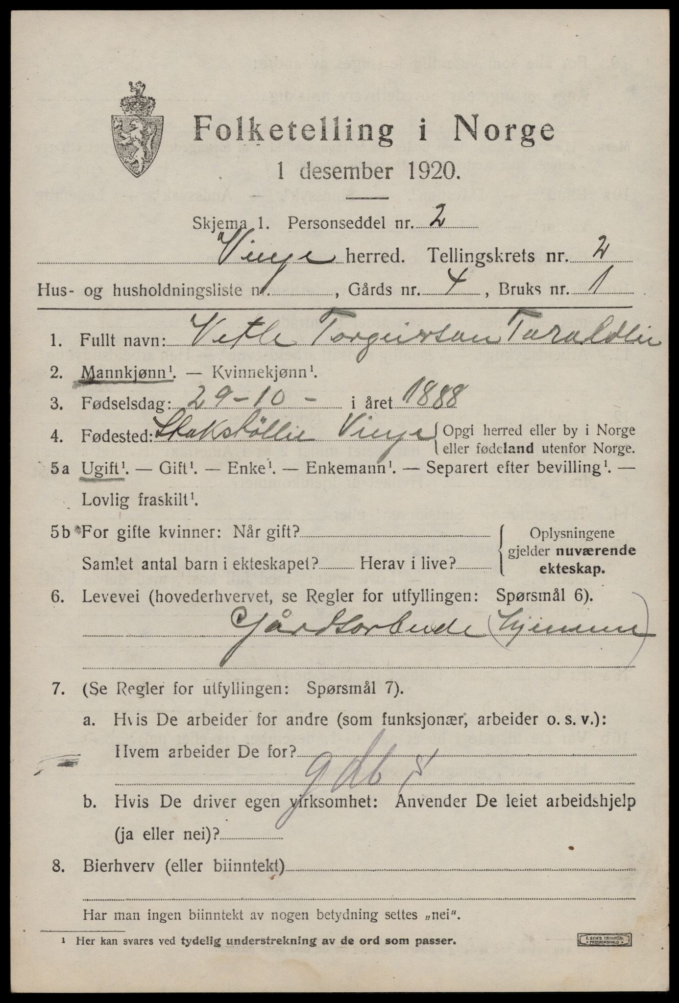 SAKO, 1920 census for Vinje, 1920, p. 885