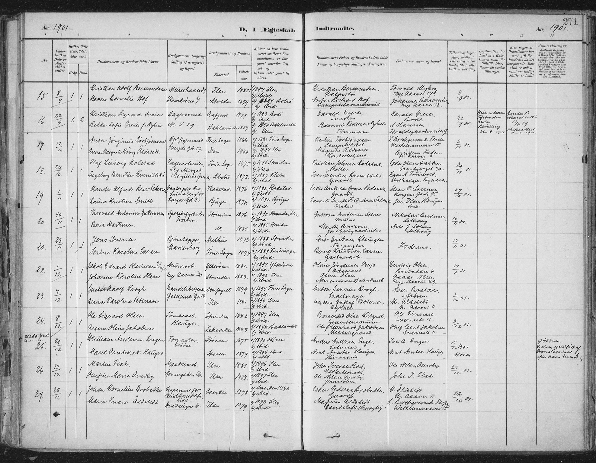 Ministerialprotokoller, klokkerbøker og fødselsregistre - Sør-Trøndelag, AV/SAT-A-1456/603/L0167: Parish register (official) no. 603A06, 1896-1932, p. 271