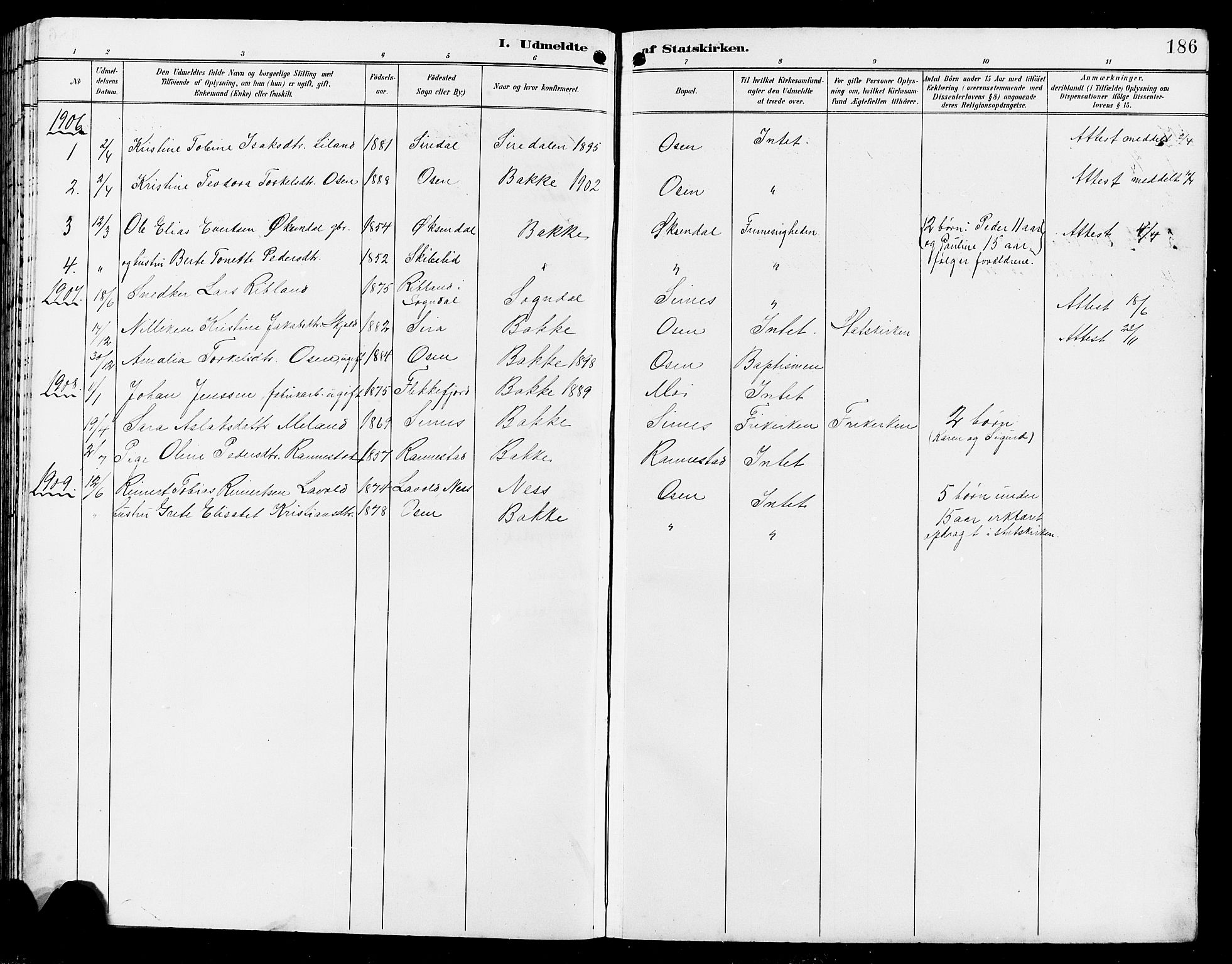 Bakke sokneprestkontor, SAK/1111-0002/F/Fb/Fba/L0003: Parish register (copy) no. B 3, 1894-1910, p. 186
