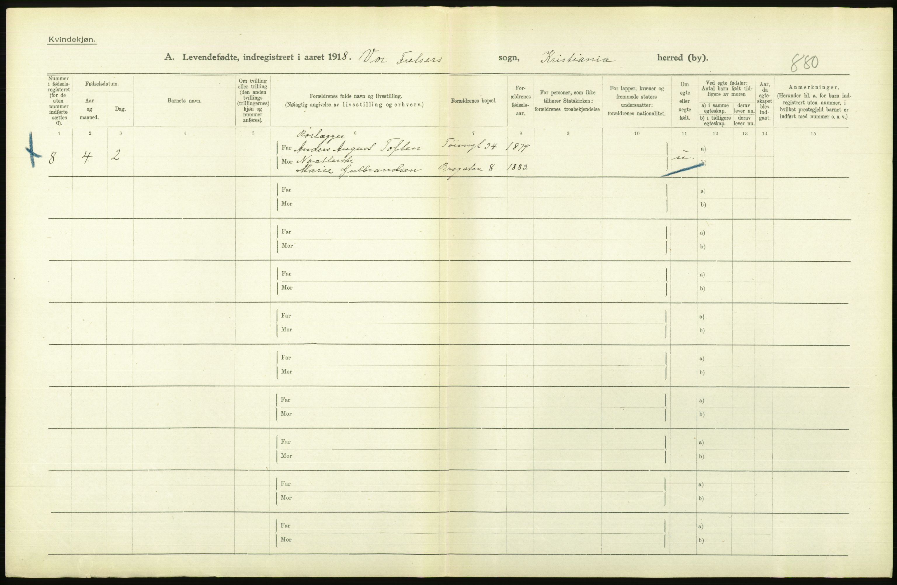 Statistisk sentralbyrå, Sosiodemografiske emner, Befolkning, AV/RA-S-2228/D/Df/Dfb/Dfbh/L0008: Kristiania: Levendefødte menn og kvinner., 1918, p. 10