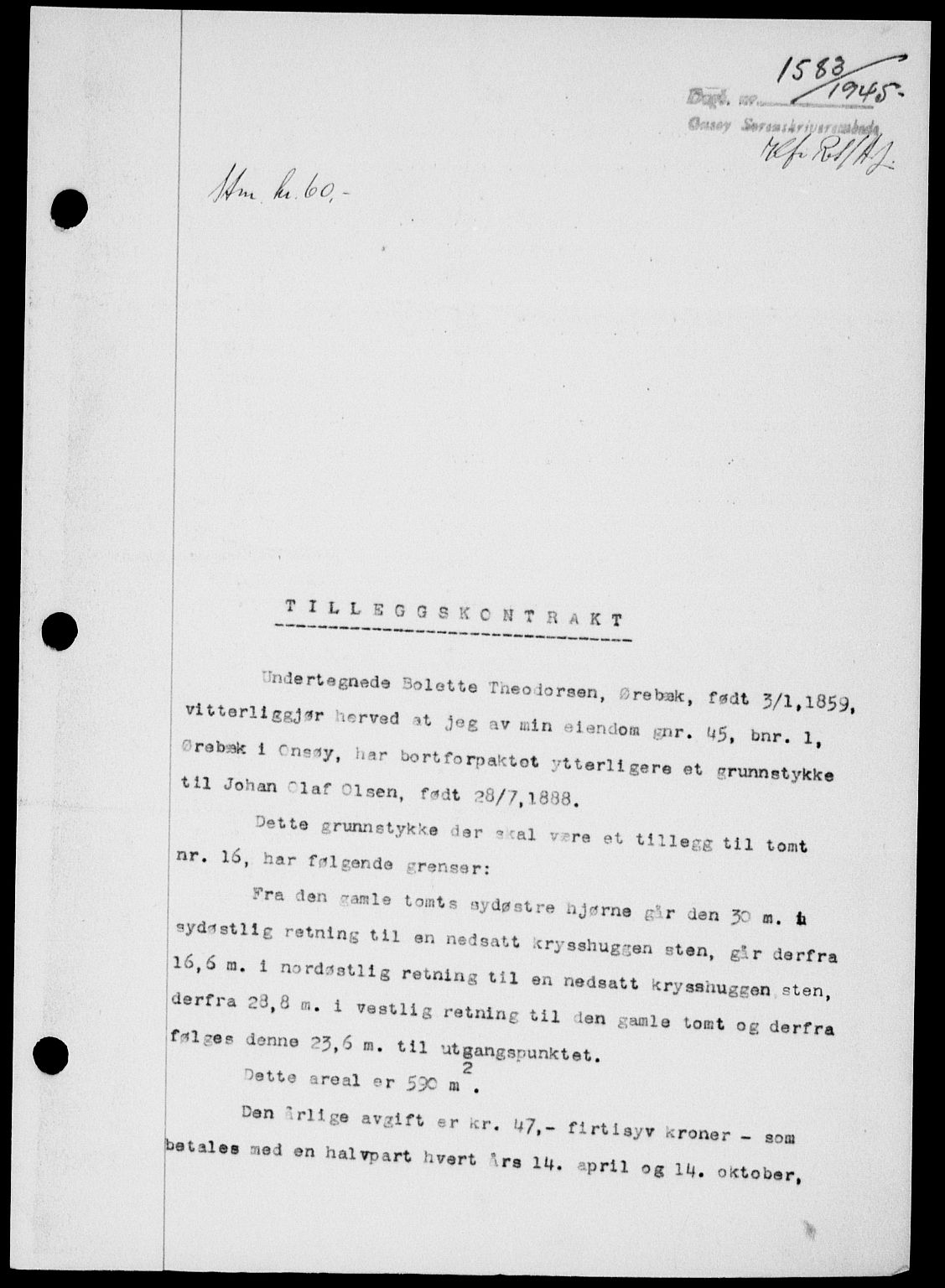Onsøy sorenskriveri, SAO/A-10474/G/Ga/Gab/L0015: Mortgage book no. II A-15, 1945-1946, Diary no: : 1583/1945