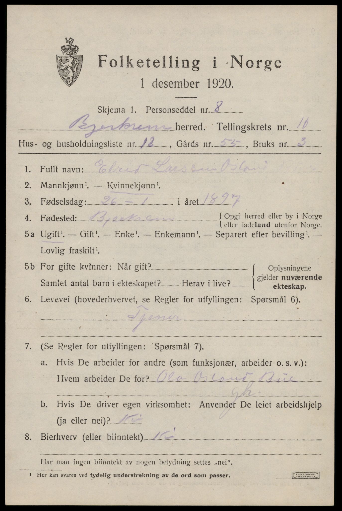 SAST, 1920 census for Bjerkreim, 1920, p. 3406