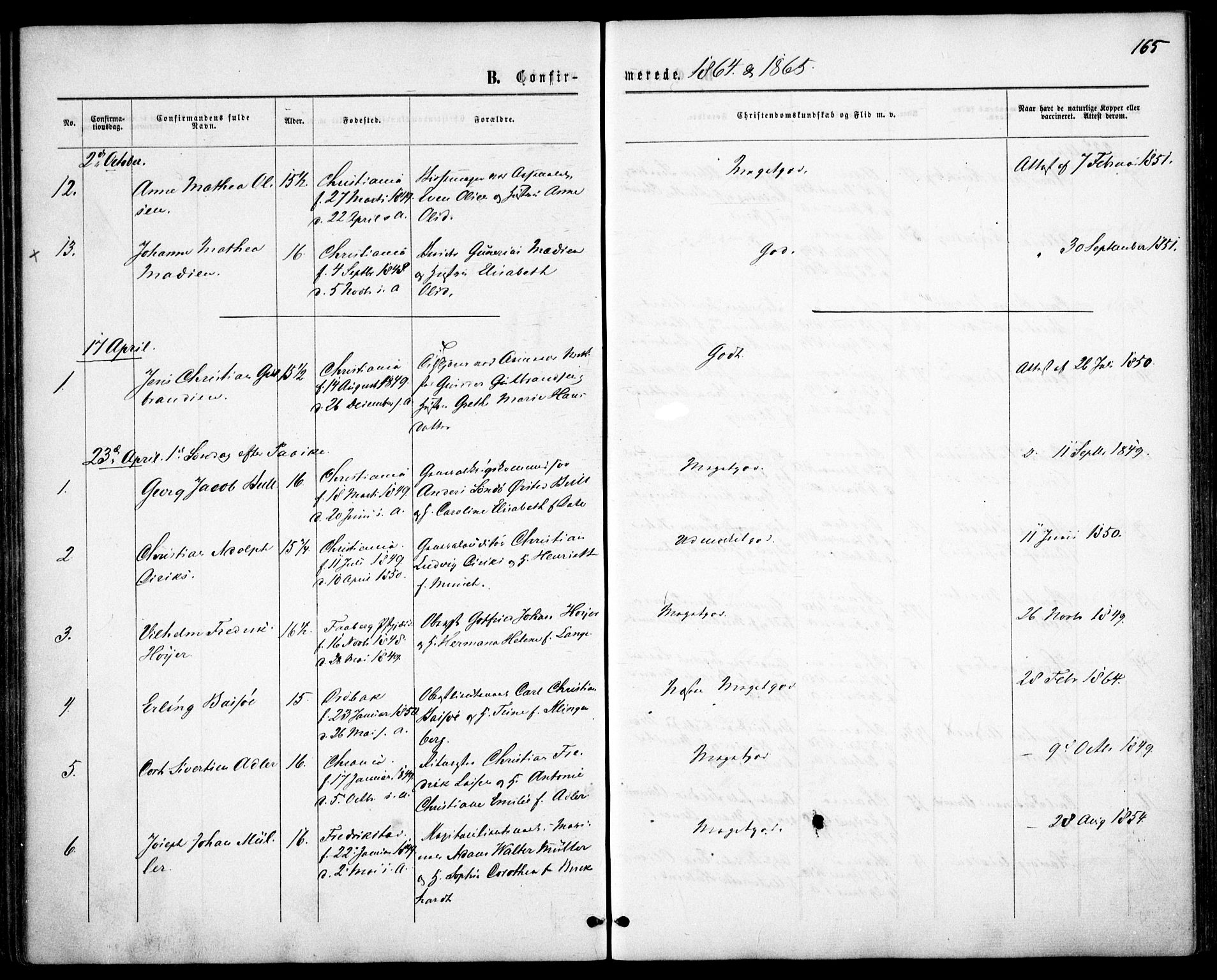 Garnisonsmenigheten Kirkebøker, SAO/A-10846/F/Fa/L0010: Parish register (official) no. 10, 1859-1869, p. 165