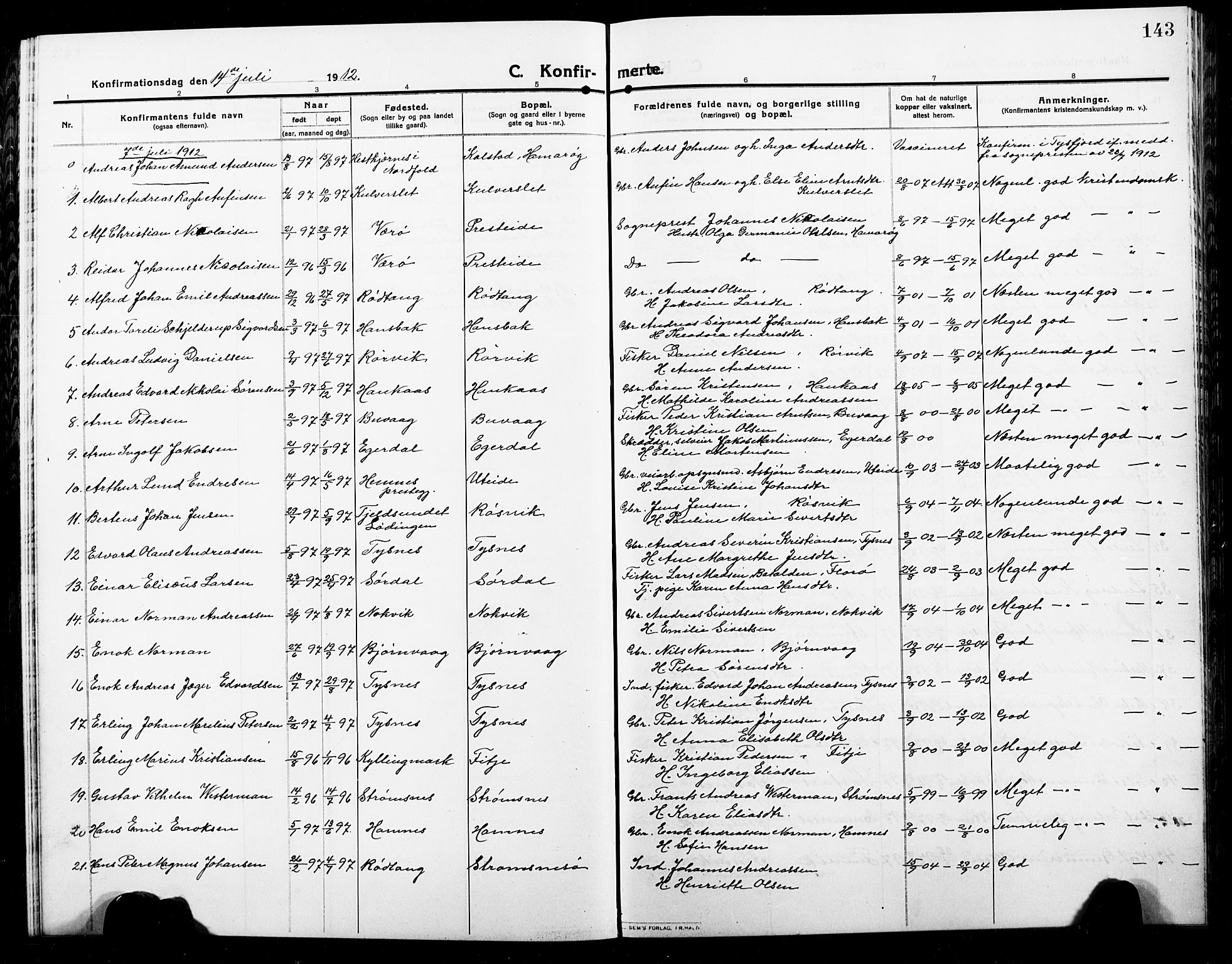 Ministerialprotokoller, klokkerbøker og fødselsregistre - Nordland, SAT/A-1459/859/L0861: Parish register (copy) no. 859C07, 1910-1925, p. 143