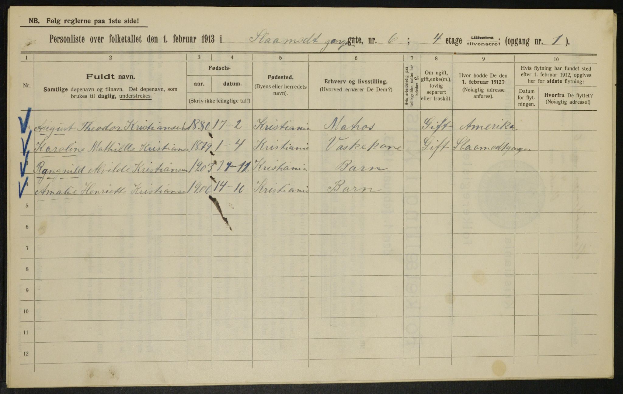 OBA, Municipal Census 1913 for Kristiania, 1913, p. 96954