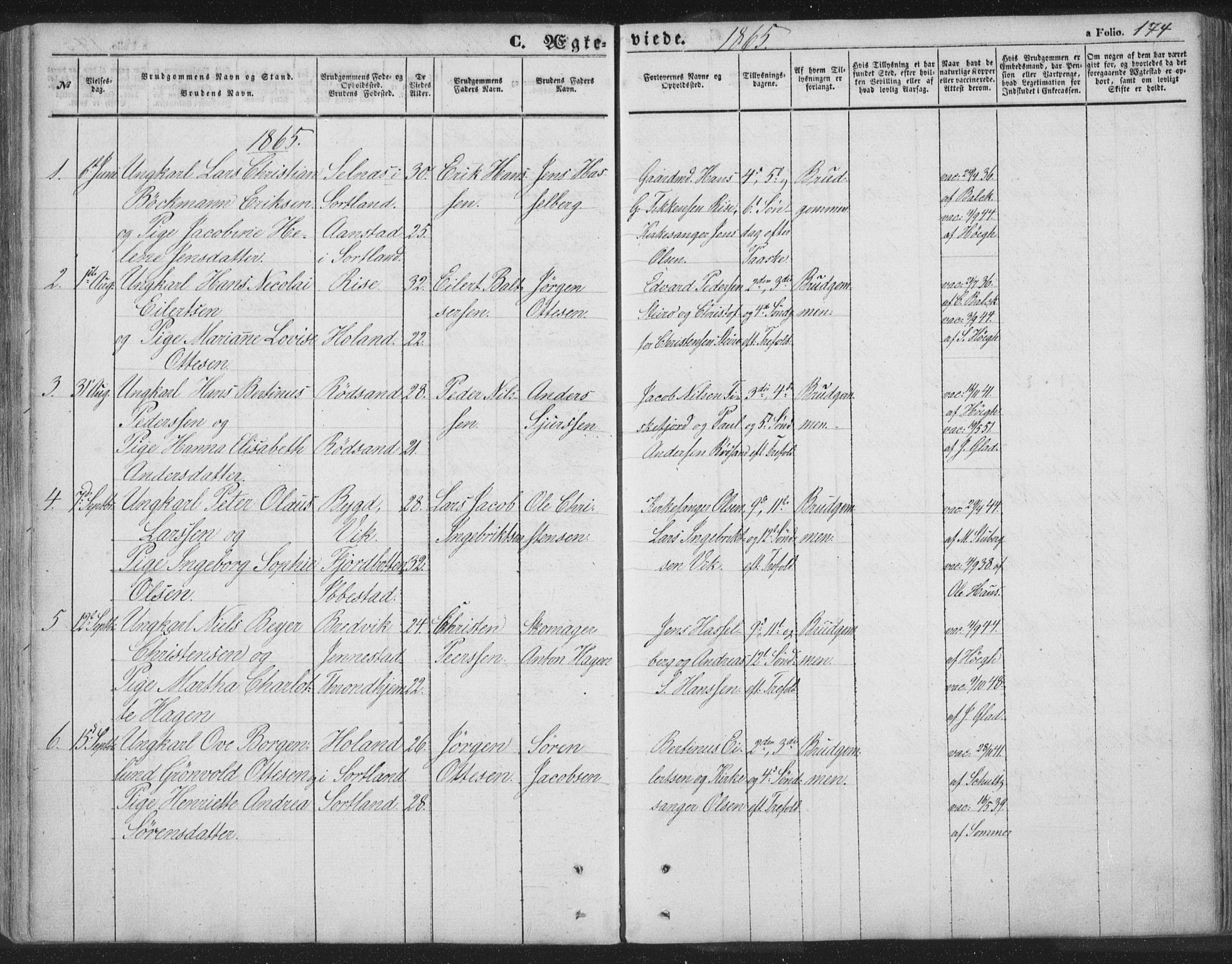 Ministerialprotokoller, klokkerbøker og fødselsregistre - Nordland, AV/SAT-A-1459/895/L1369: Parish register (official) no. 895A04, 1852-1872, p. 174