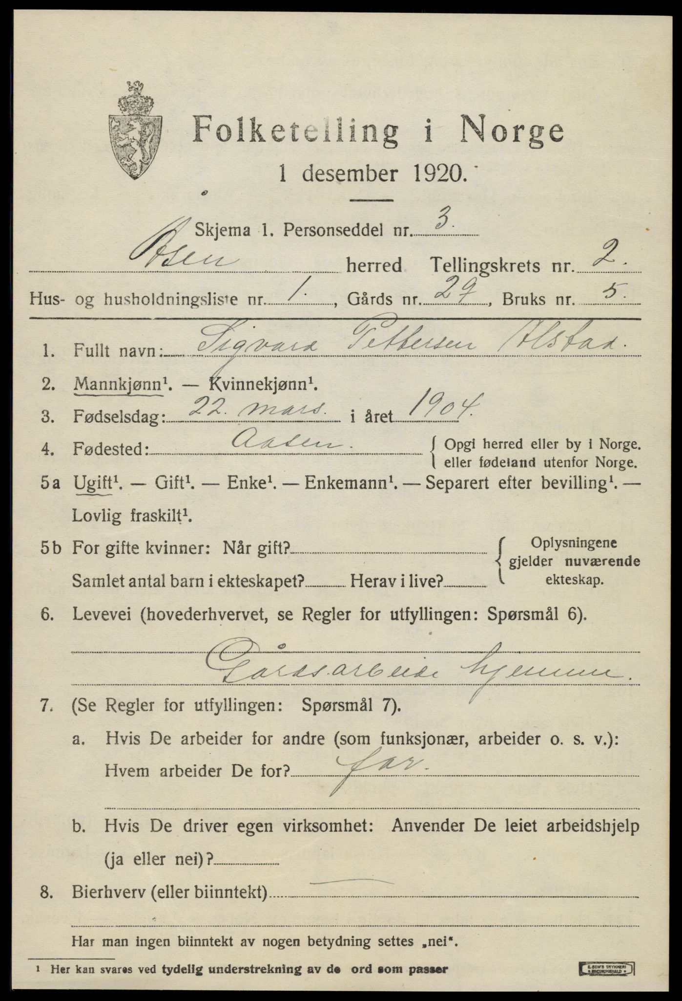 SAT, 1920 census for Åsen, 1920, p. 1712