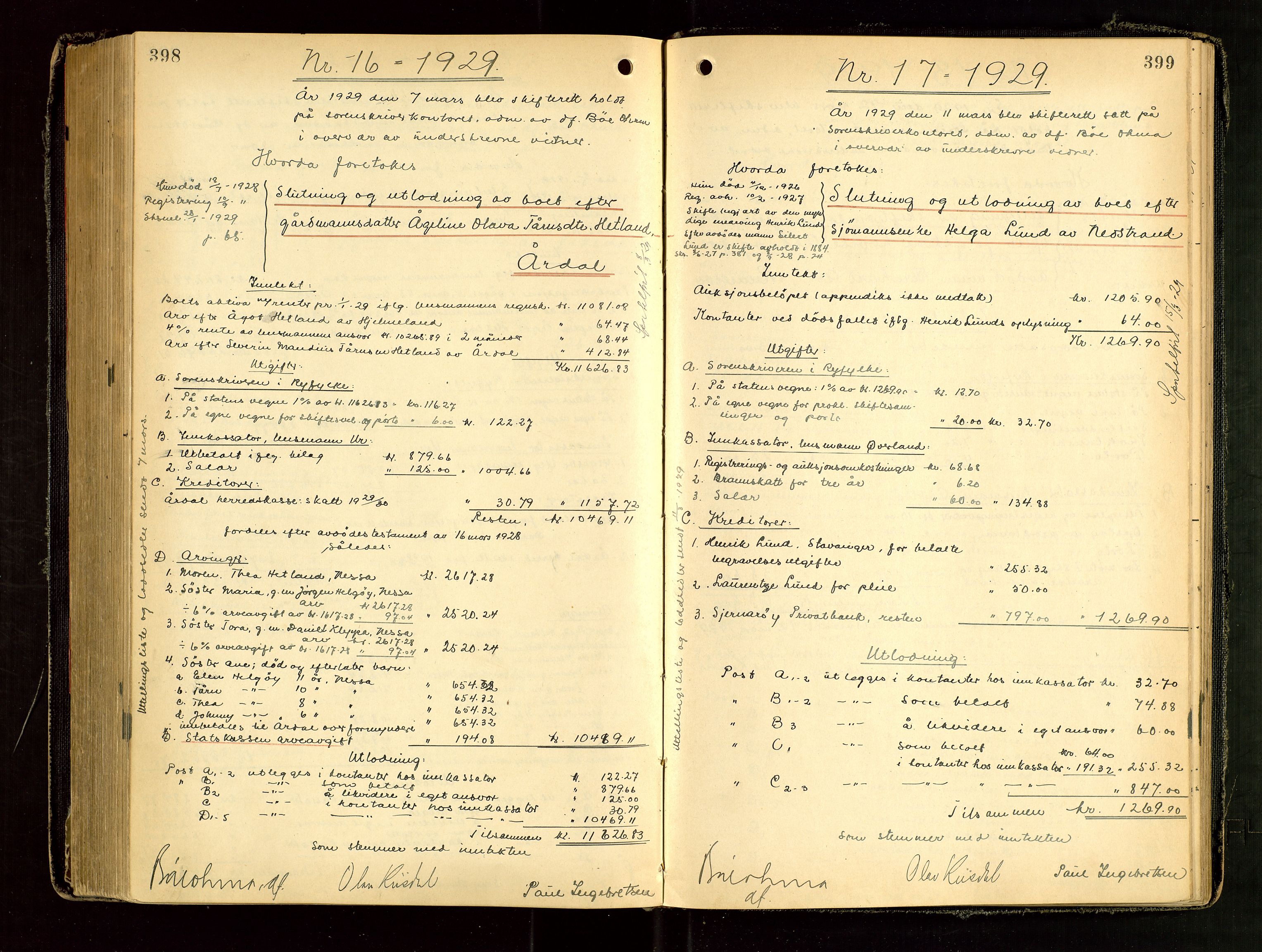 Ryfylke tingrett, AV/SAST-A-100055/001/IV/IVG/L0006: Skifteutlodningsprotokoll Med register, 1924-1929, p. 398-399