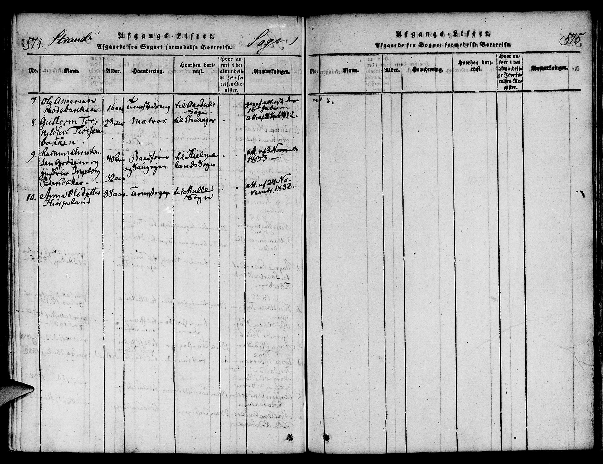 Strand sokneprestkontor, SAST/A-101828/H/Ha/Haa/L0004: Parish register (official) no. A 4 /1, 1816-1833, p. 574-575