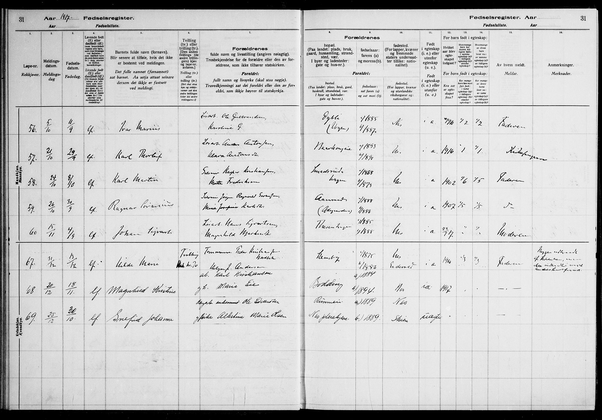 Nes prestekontor Kirkebøker, AV/SAO-A-10410/J/Ja/L0001: Birth register no. 1, 1916-1926, p. 31