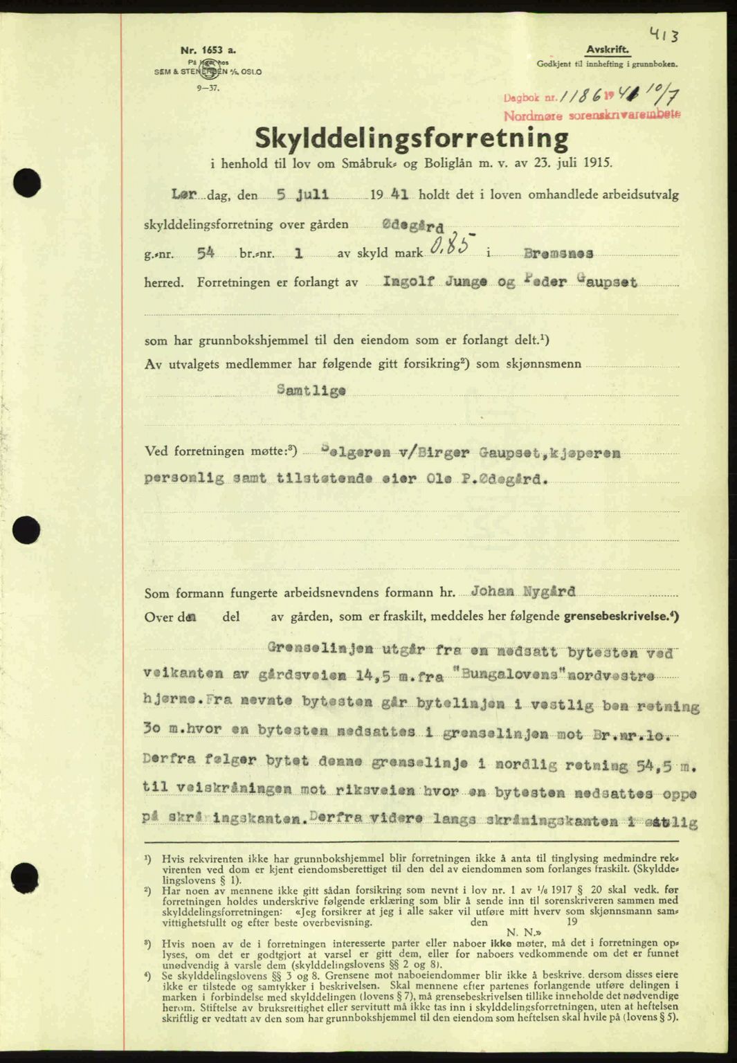 Nordmøre sorenskriveri, SAT/A-4132/1/2/2Ca: Mortgage book no. A90, 1941-1941, Diary no: : 1186/1941
