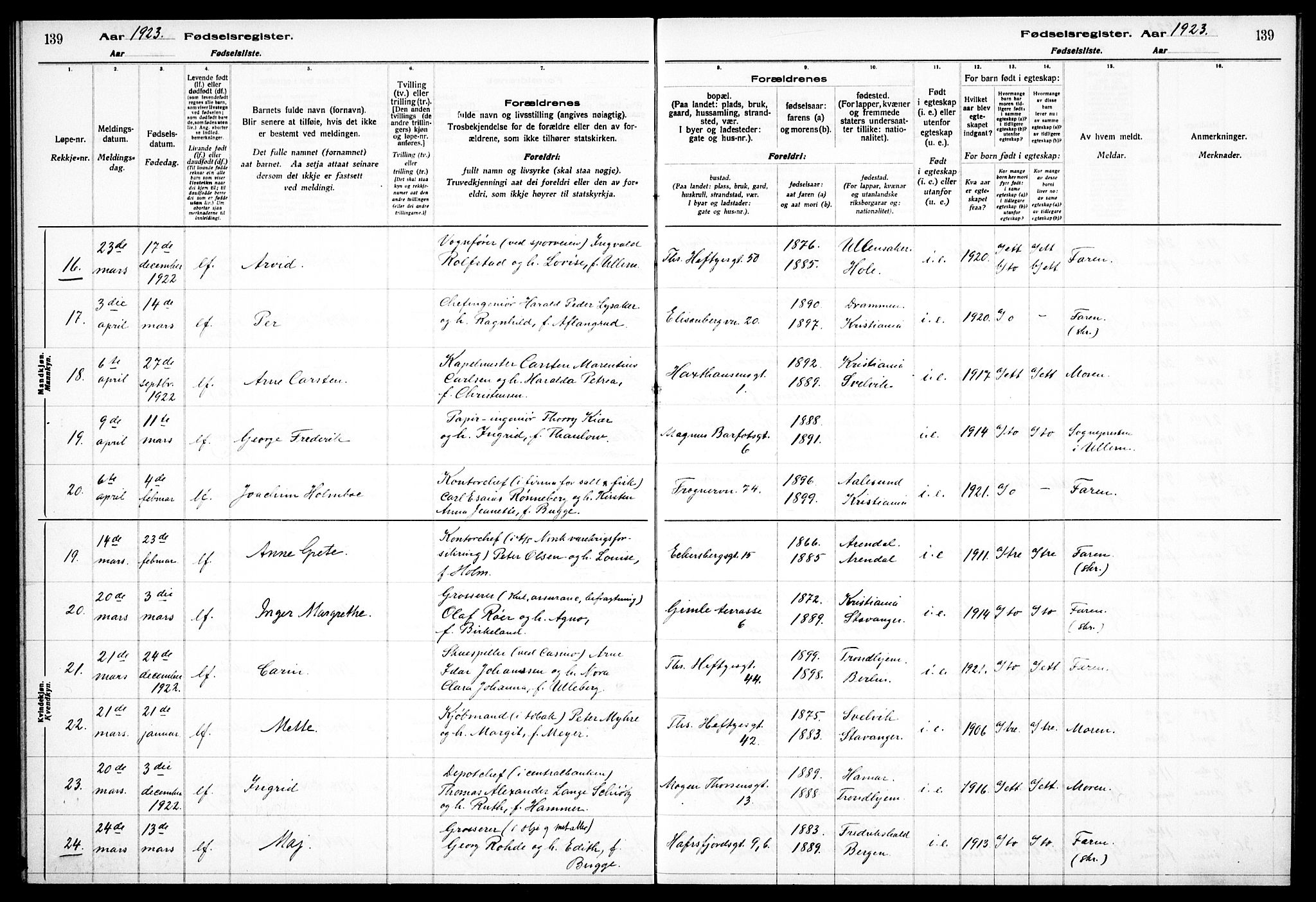 Frogner prestekontor Kirkebøker, AV/SAO-A-10886/J/Ja/L0001: Birth register no. 1, 1916-1927, p. 139