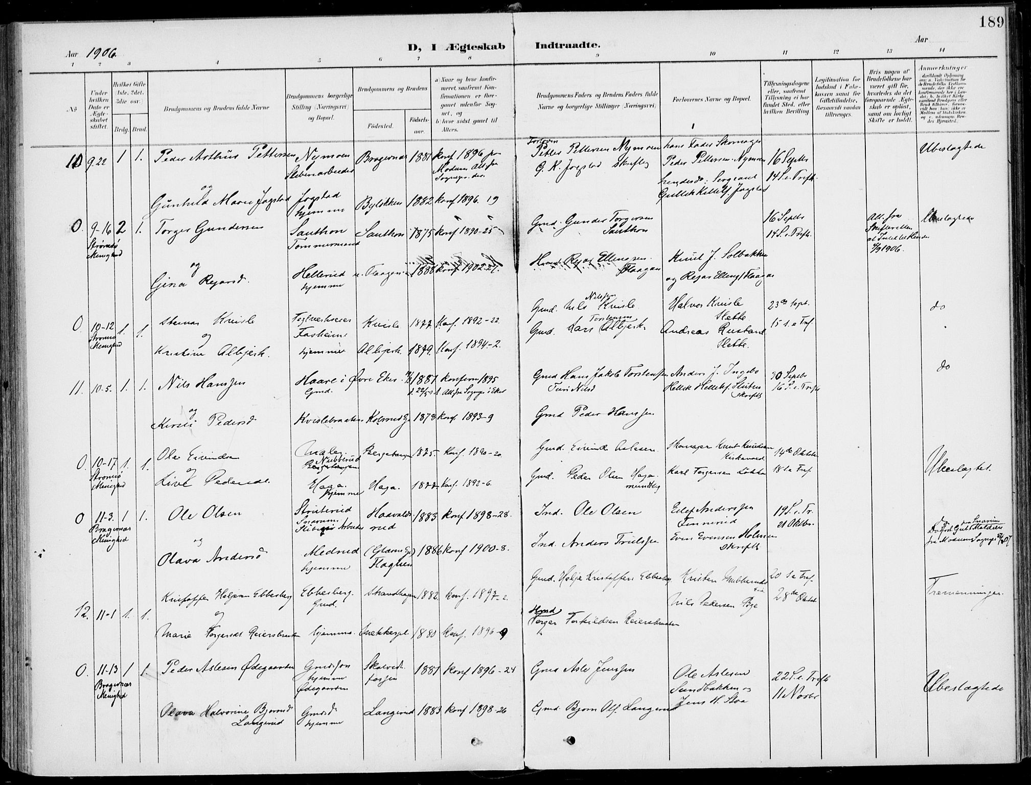 Sigdal kirkebøker, AV/SAKO-A-245/F/Fb/L0002: Parish register (official) no. II 2, 1901-1914, p. 189