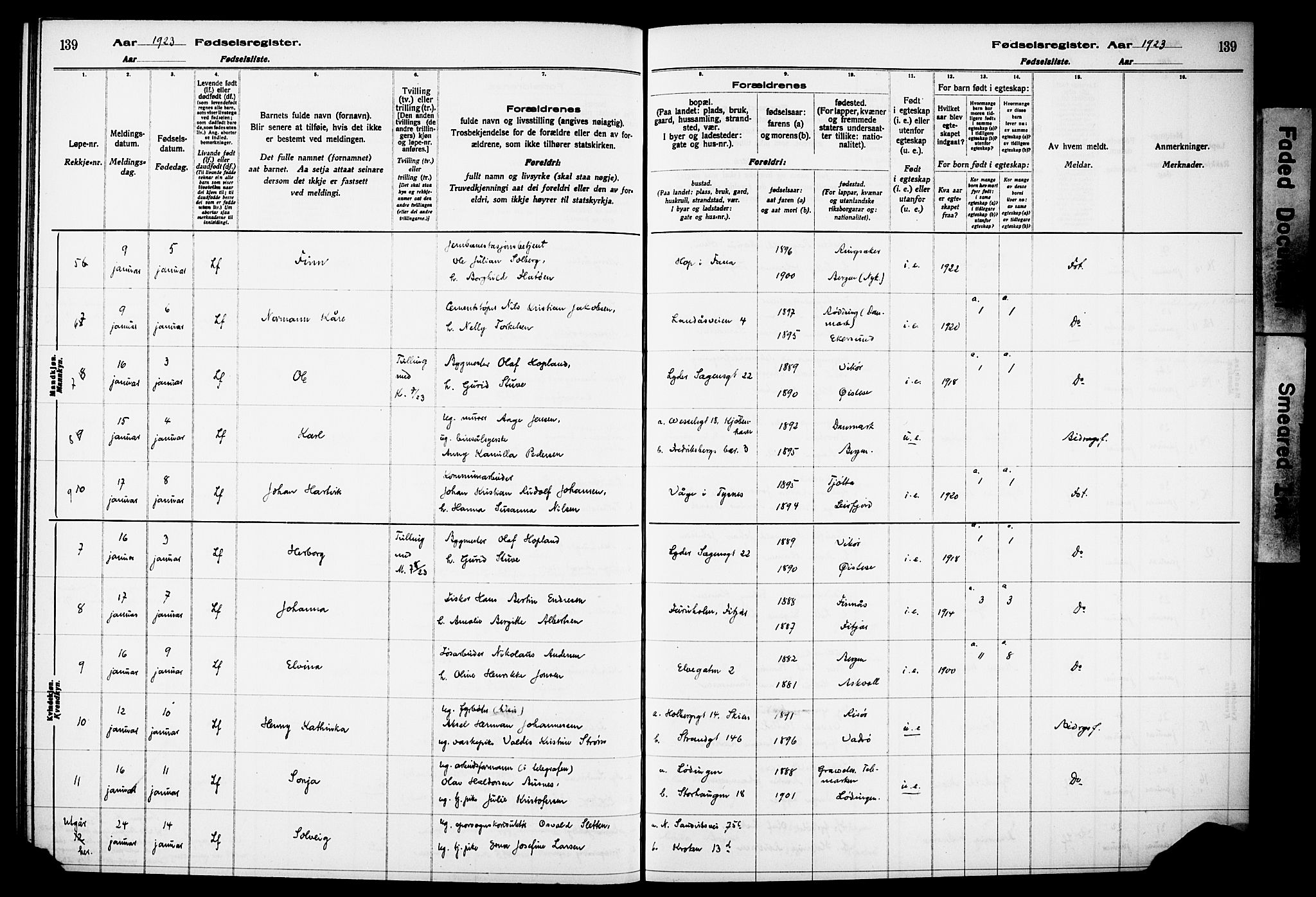 Kvinneklinikken, SAB/A-76301/F/L0A02: Birth register no. A 2, 1920-1924, p. 139