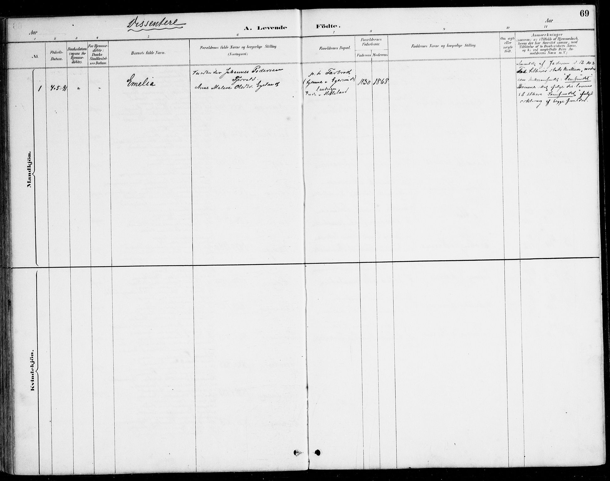 Herad sokneprestkontor, SAK/1111-0018/F/Fa/Fab/L0005: Parish register (official) no. A 5, 1886-1913, p. 69