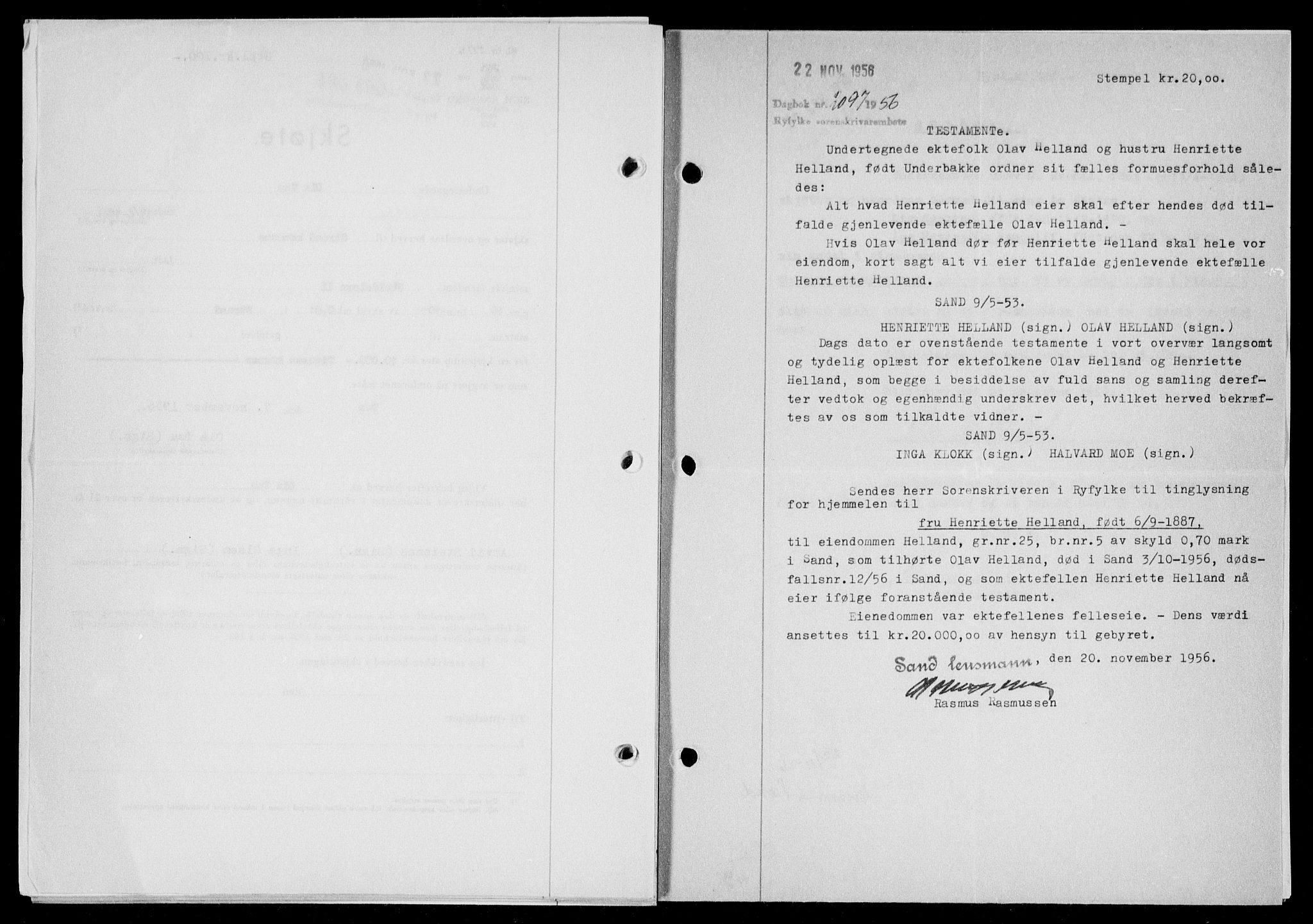 Ryfylke tingrett, AV/SAST-A-100055/001/II/IIB/L0135: Mortgage book no. 114, 1956-1957, Diary no: : 2097/1956