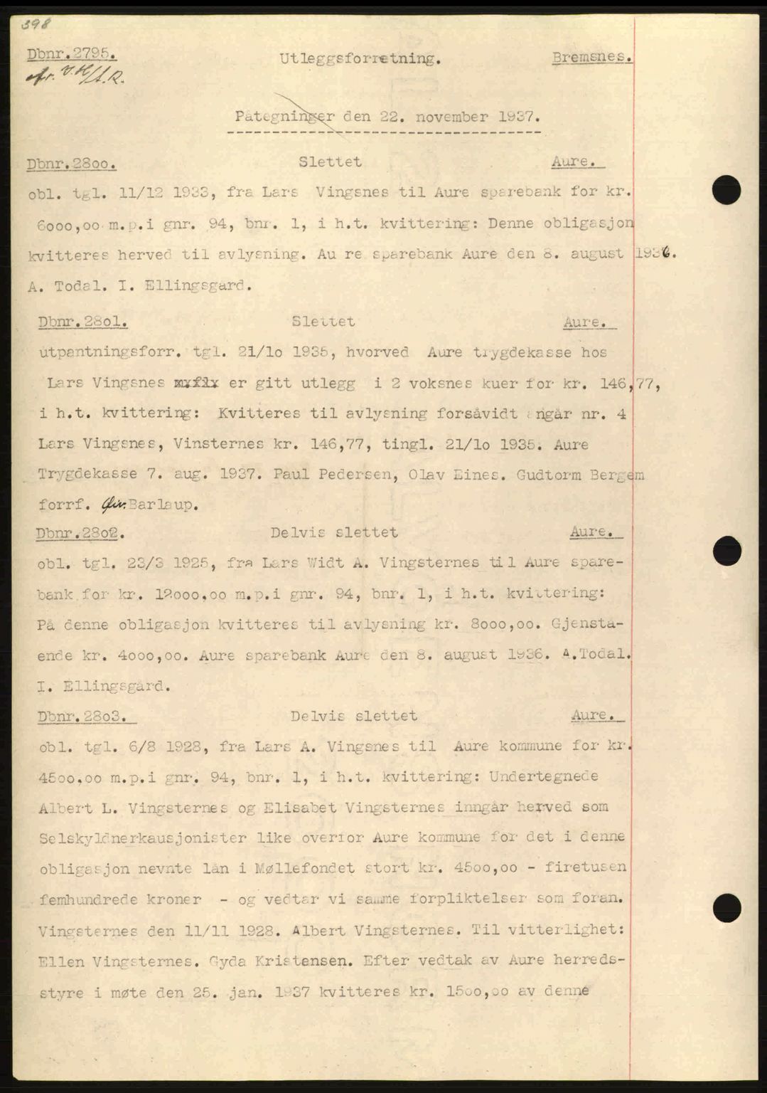 Nordmøre sorenskriveri, AV/SAT-A-4132/1/2/2Ca: Mortgage book no. C80, 1936-1939, Diary no: : 2795/1937