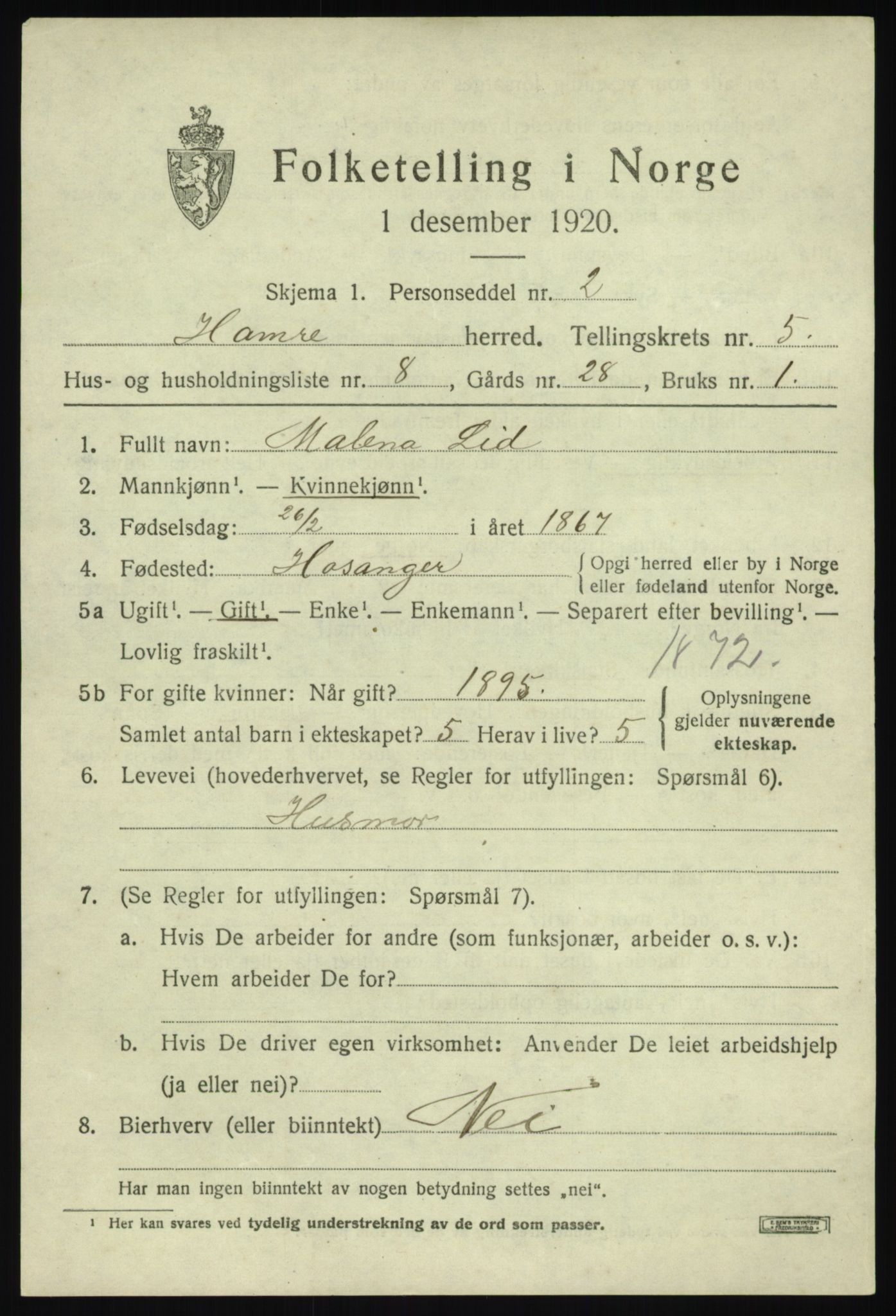 SAB, 1920 census for Hamre, 1920, p. 2933