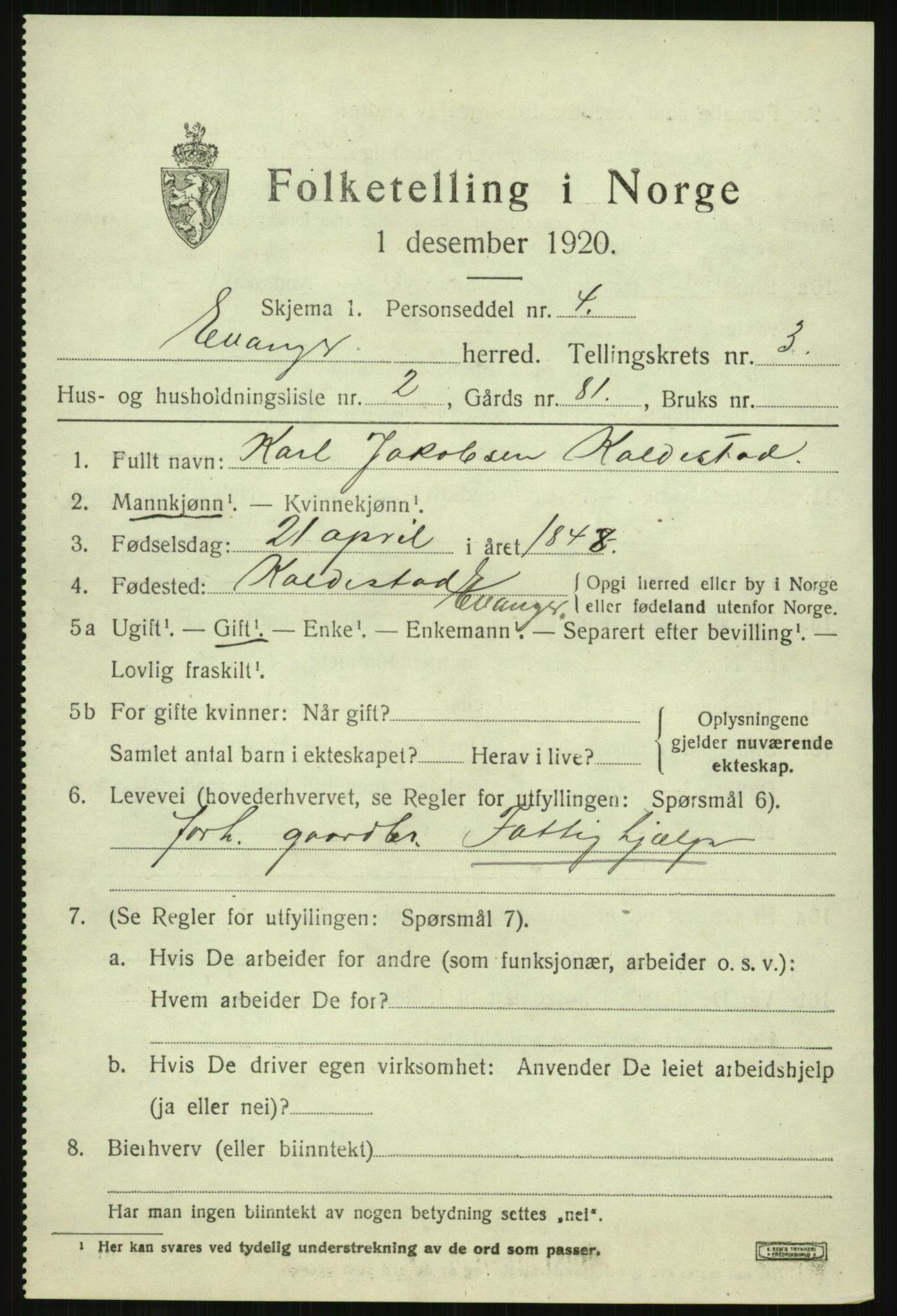 SAB, 1920 census for Evanger, 1920, p. 1041