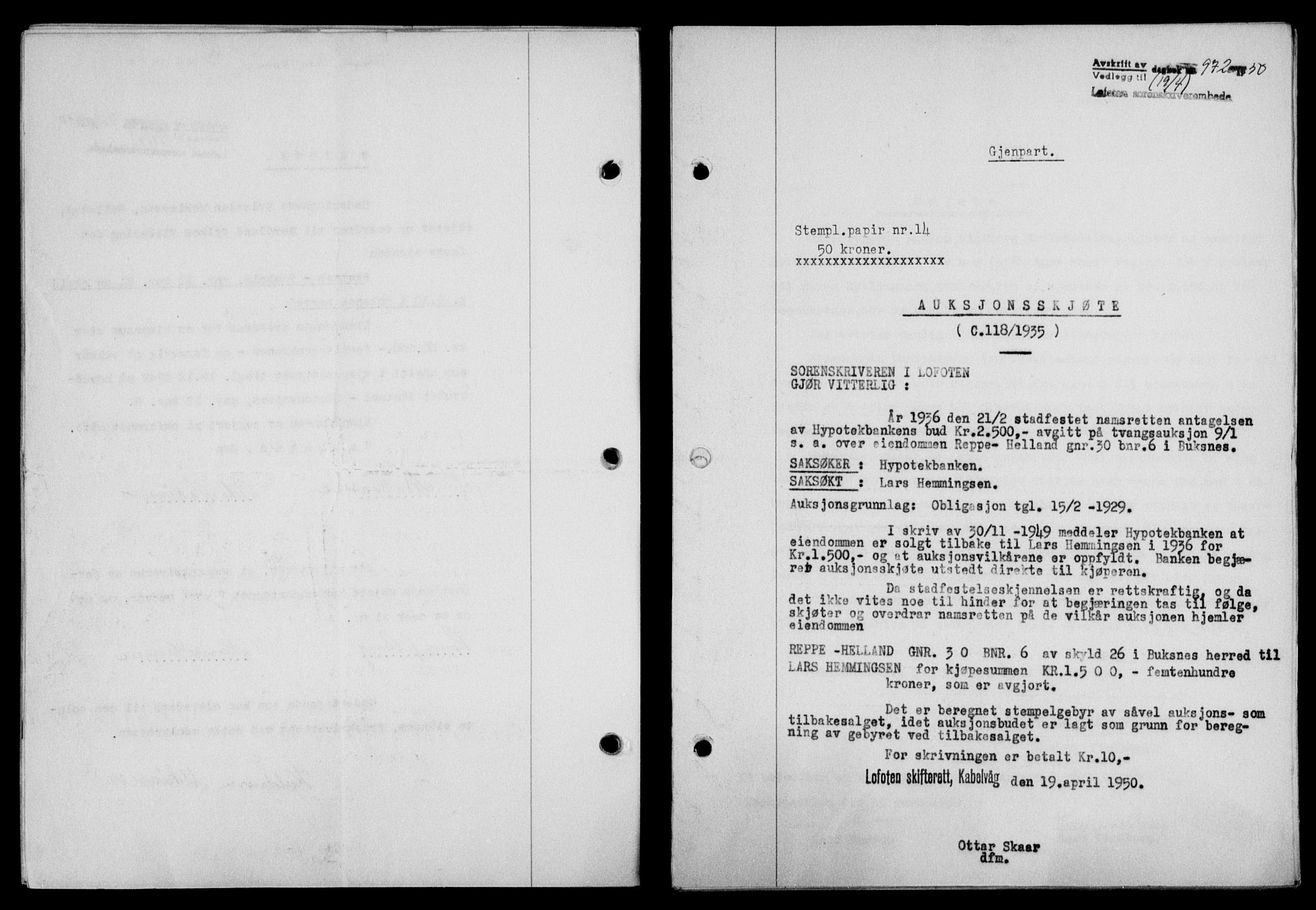 Lofoten sorenskriveri, SAT/A-0017/1/2/2C/L0023a: Mortgage book no. 23a, 1950-1950, Diary no: : 972/1950