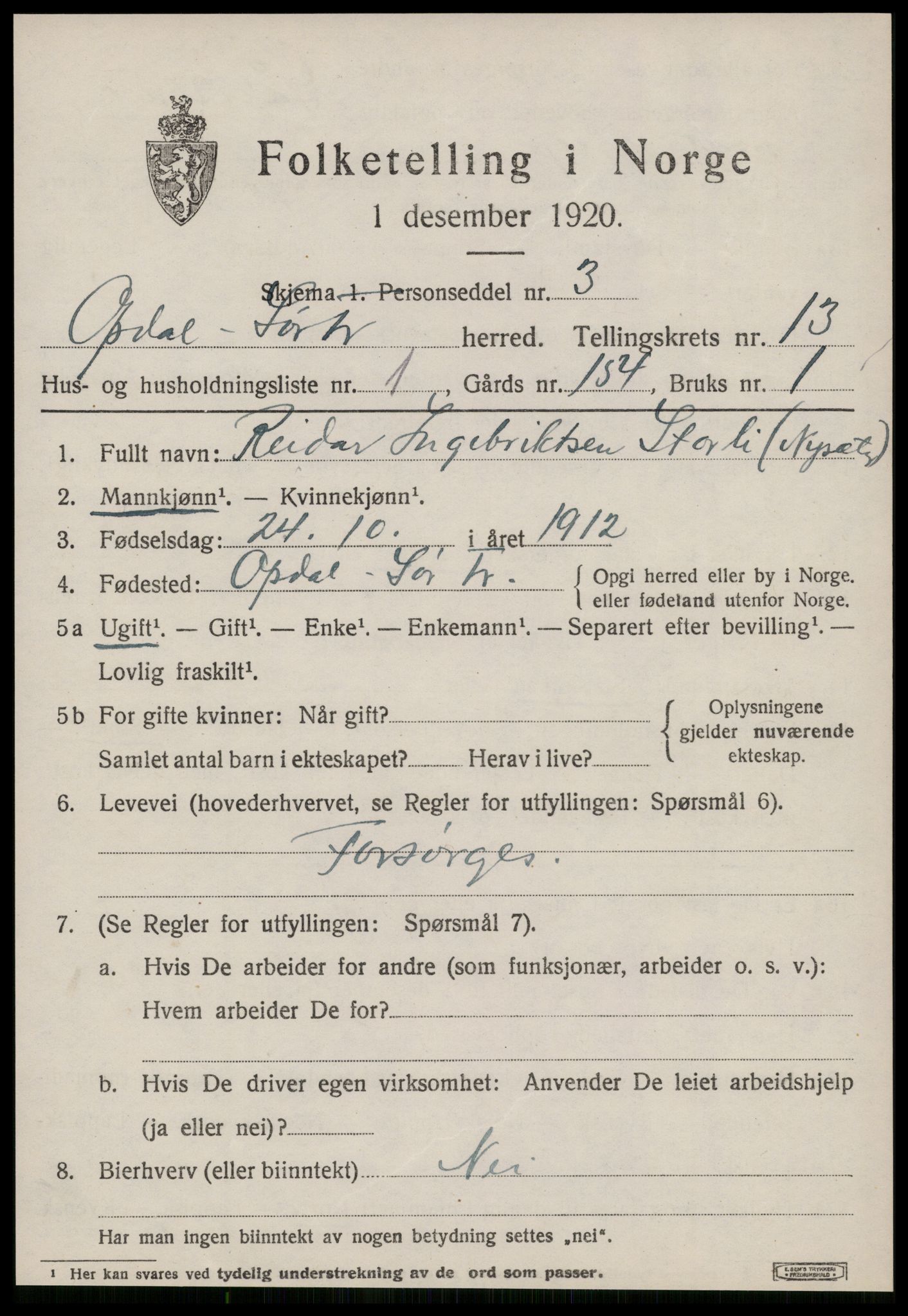 SAT, 1920 census for Oppdal, 1920, p. 10359