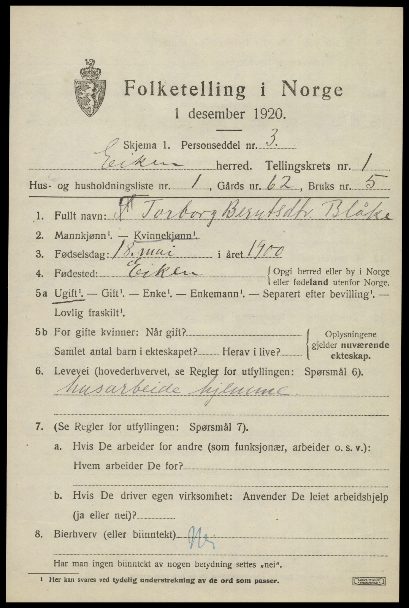 SAK, 1920 census for Eiken, 1920, p. 437