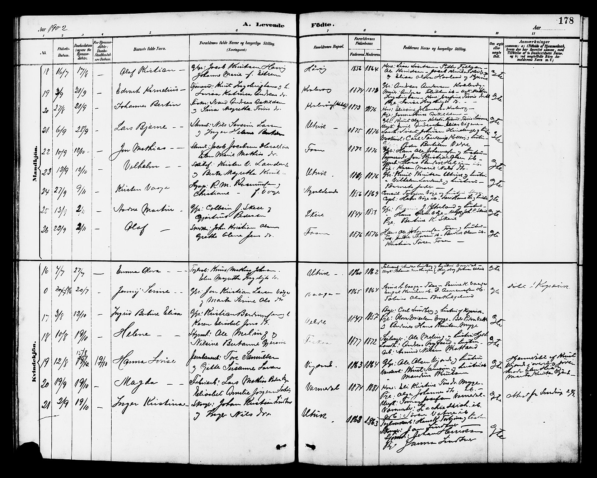 Avaldsnes sokneprestkontor, AV/SAST-A -101851/H/Ha/Hab/L0007: Parish register (copy) no. B 7, 1885-1909, p. 178