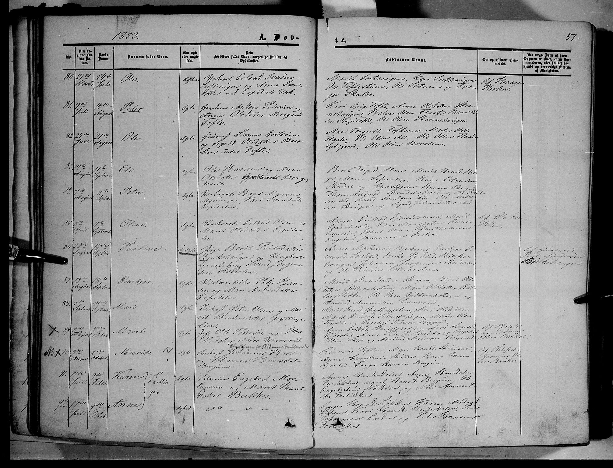 Sør-Fron prestekontor, AV/SAH-PREST-010/H/Ha/Haa/L0001: Parish register (official) no. 1, 1849-1863, p. 57