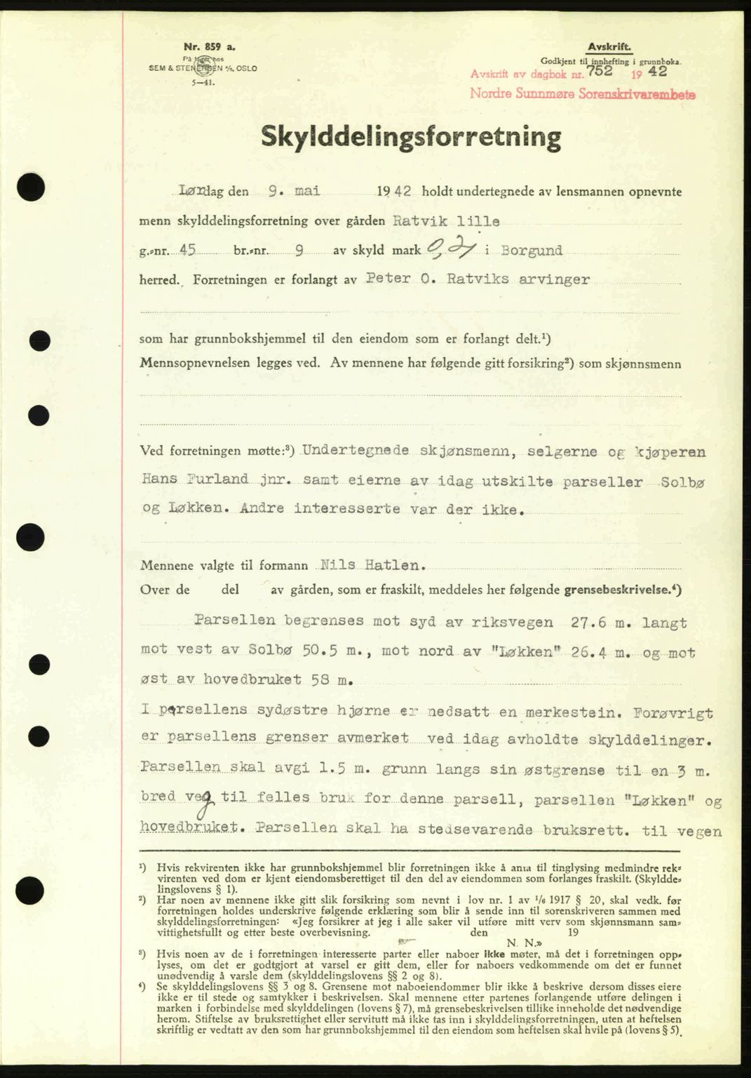 Nordre Sunnmøre sorenskriveri, AV/SAT-A-0006/1/2/2C/2Ca: Mortgage book no. A13, 1942-1942, Diary no: : 752/1942