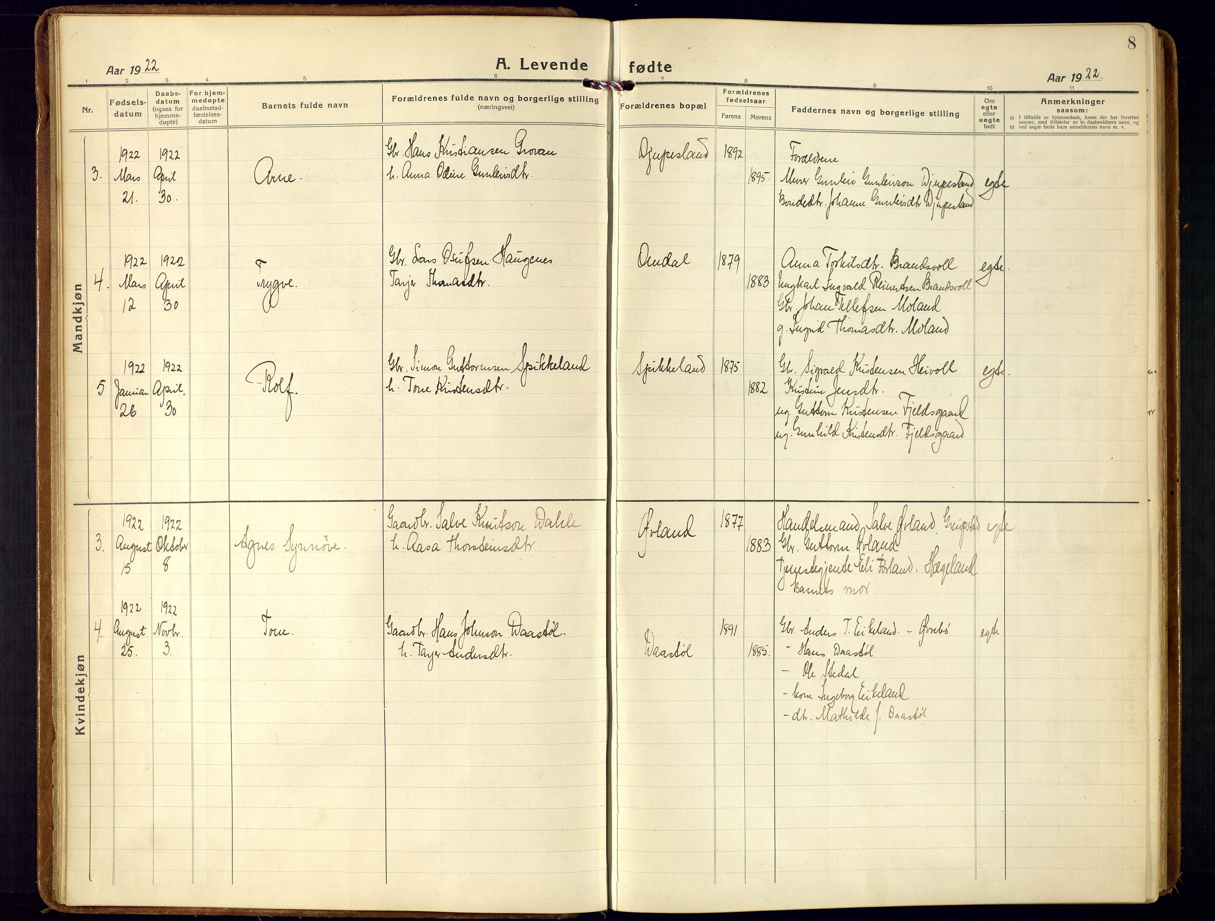 Bjelland sokneprestkontor, AV/SAK-1111-0005/F/Fa/Fab/L0005: Parish register (official) no. A 5, 1921-1951, p. 8