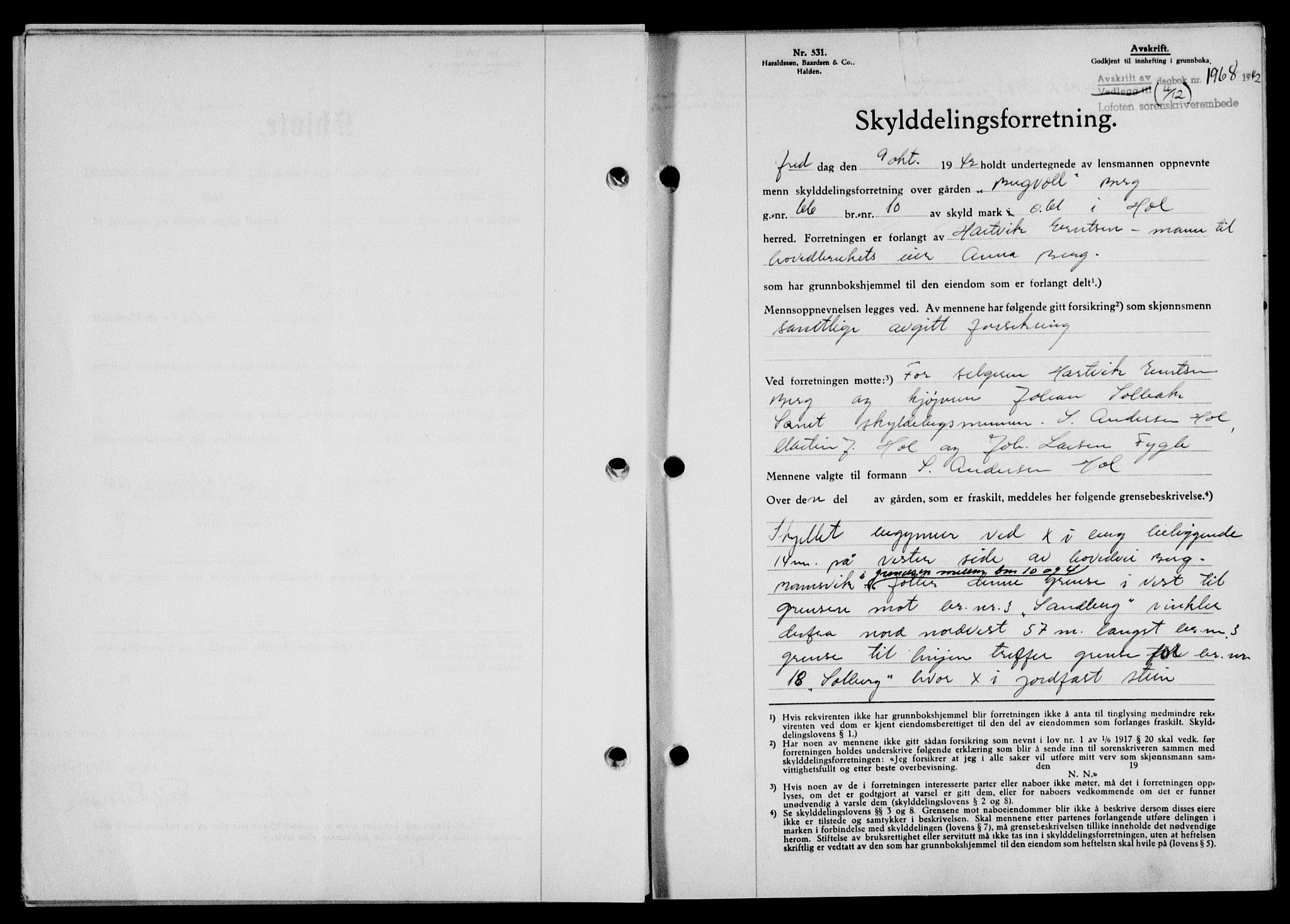 Lofoten sorenskriveri, AV/SAT-A-0017/1/2/2C/L0010a: Mortgage book no. 10a, 1942-1943, Diary no: : 1968/1942