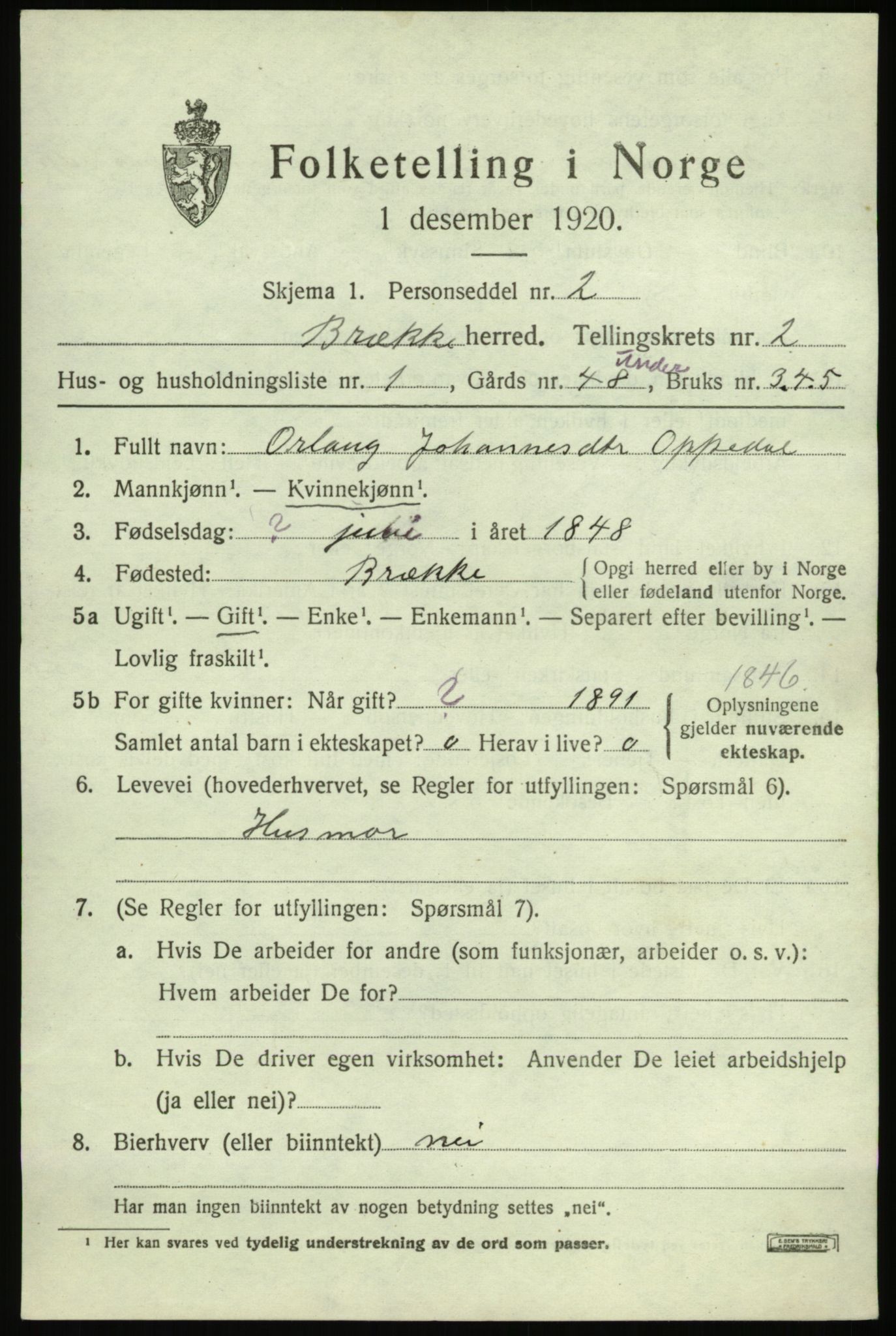 SAB, 1920 census for Brekke, 1920, p. 570