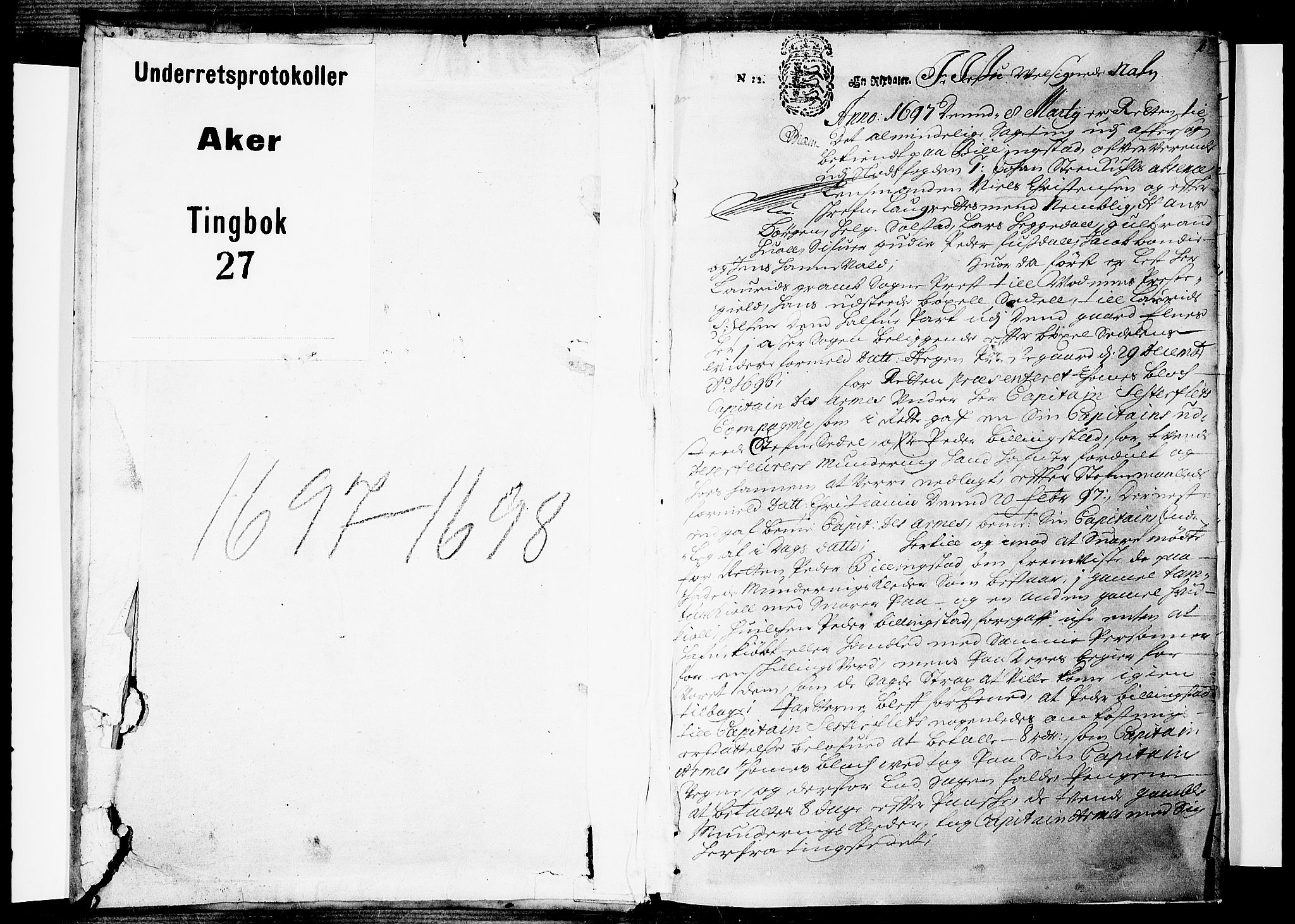 Aker sorenskriveri, AV/SAO-A-10895/F/Fb/L0027: Tingbok, 1697-1698, p. 0b-1a