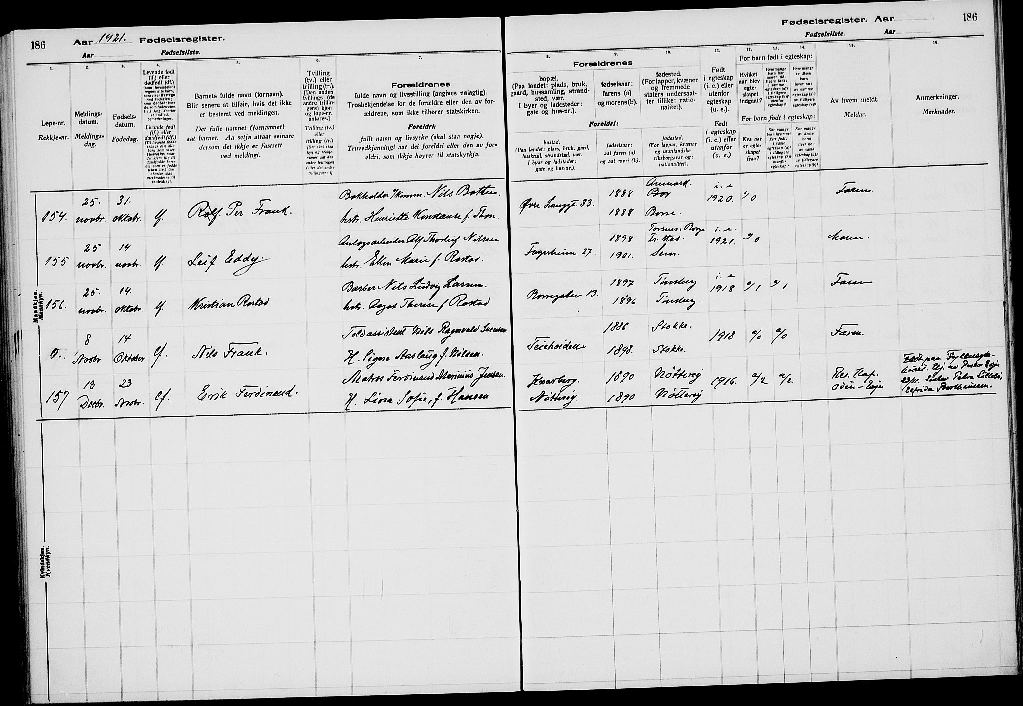 Tønsberg kirkebøker, AV/SAKO-A-330/J/Ja/L0001: Birth register no. 1, 1916-1922, p. 186